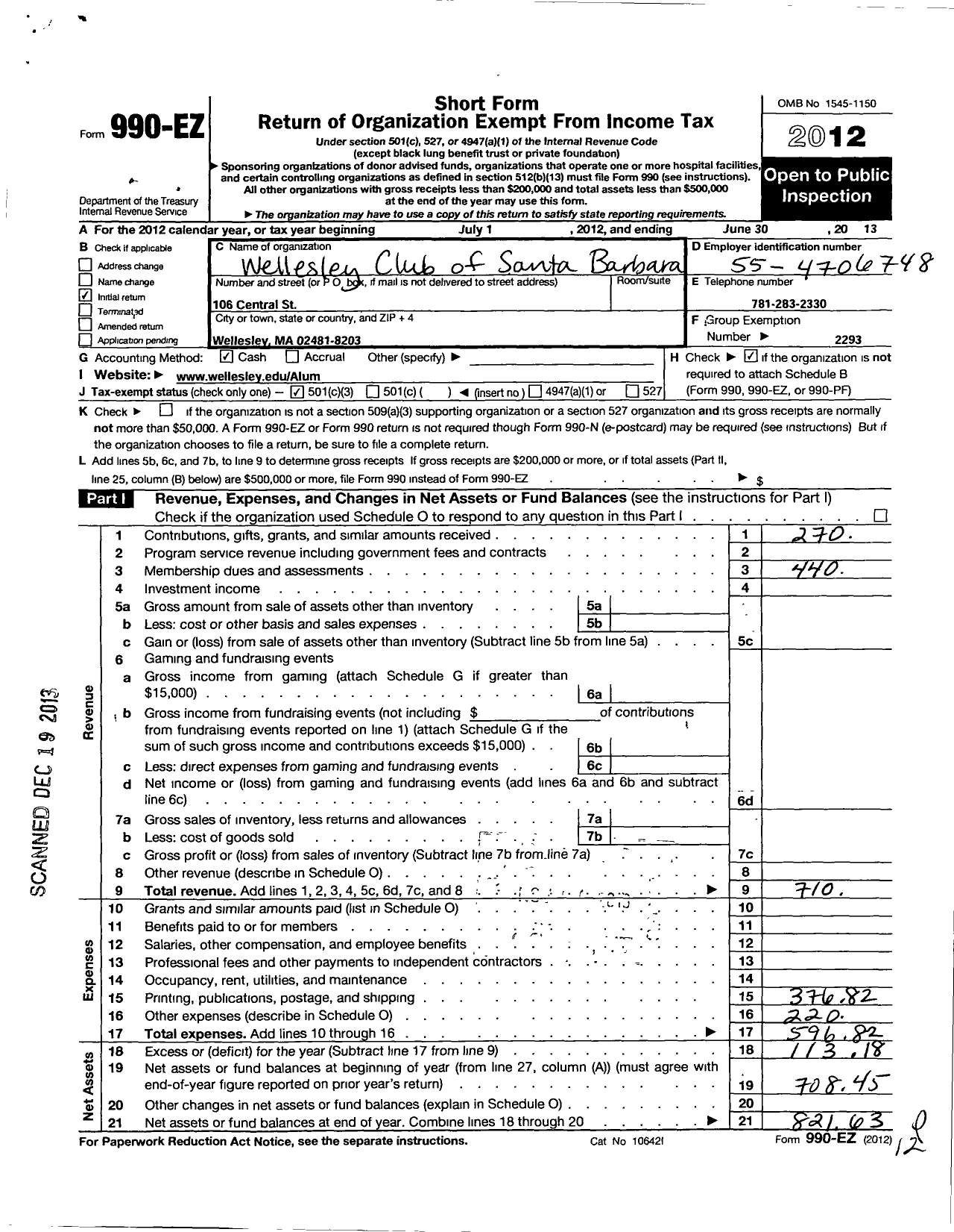 Image of first page of 2012 Form 990EZ for Wellesley College Alumnae Association / Wellesley Club of Santa Barbara