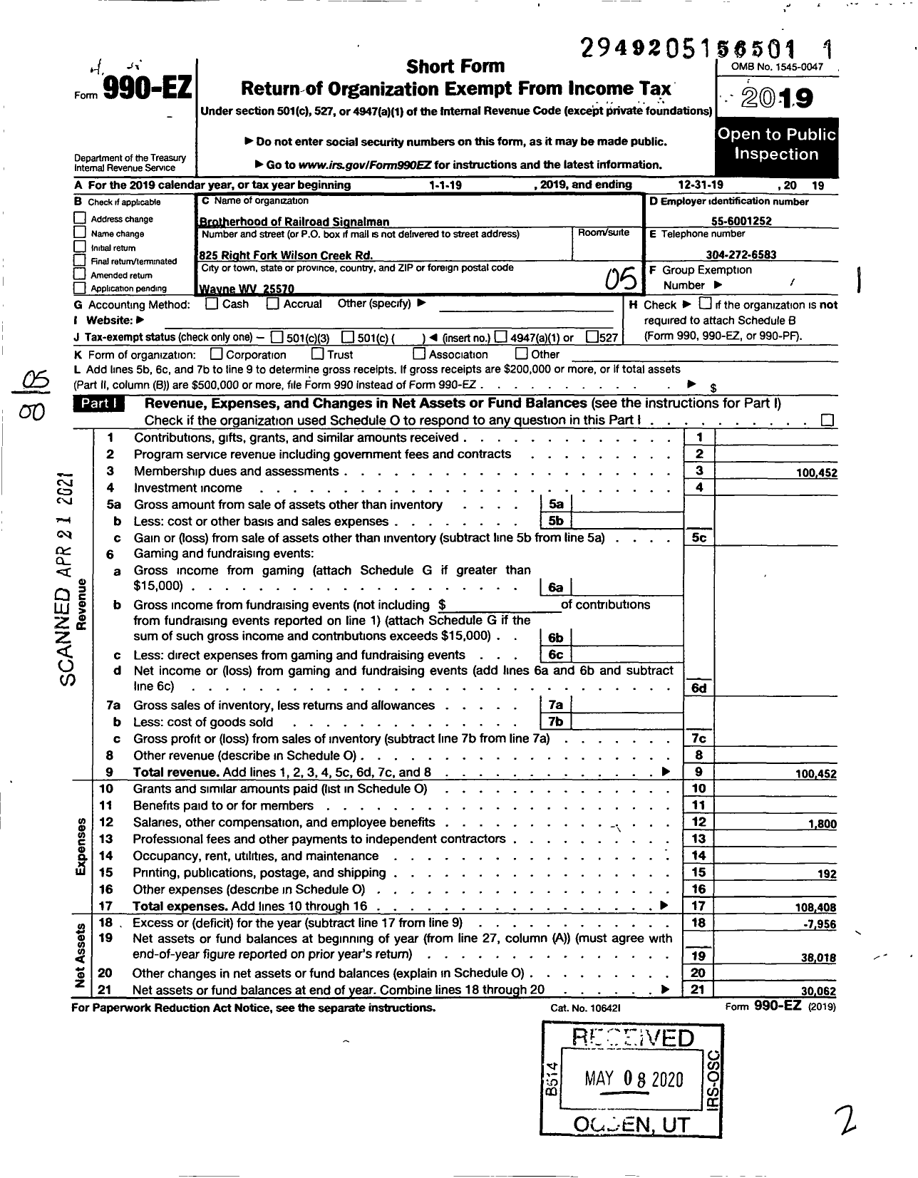 Image of first page of 2019 Form 990EO for Brotherhood of Railroad Signalmen