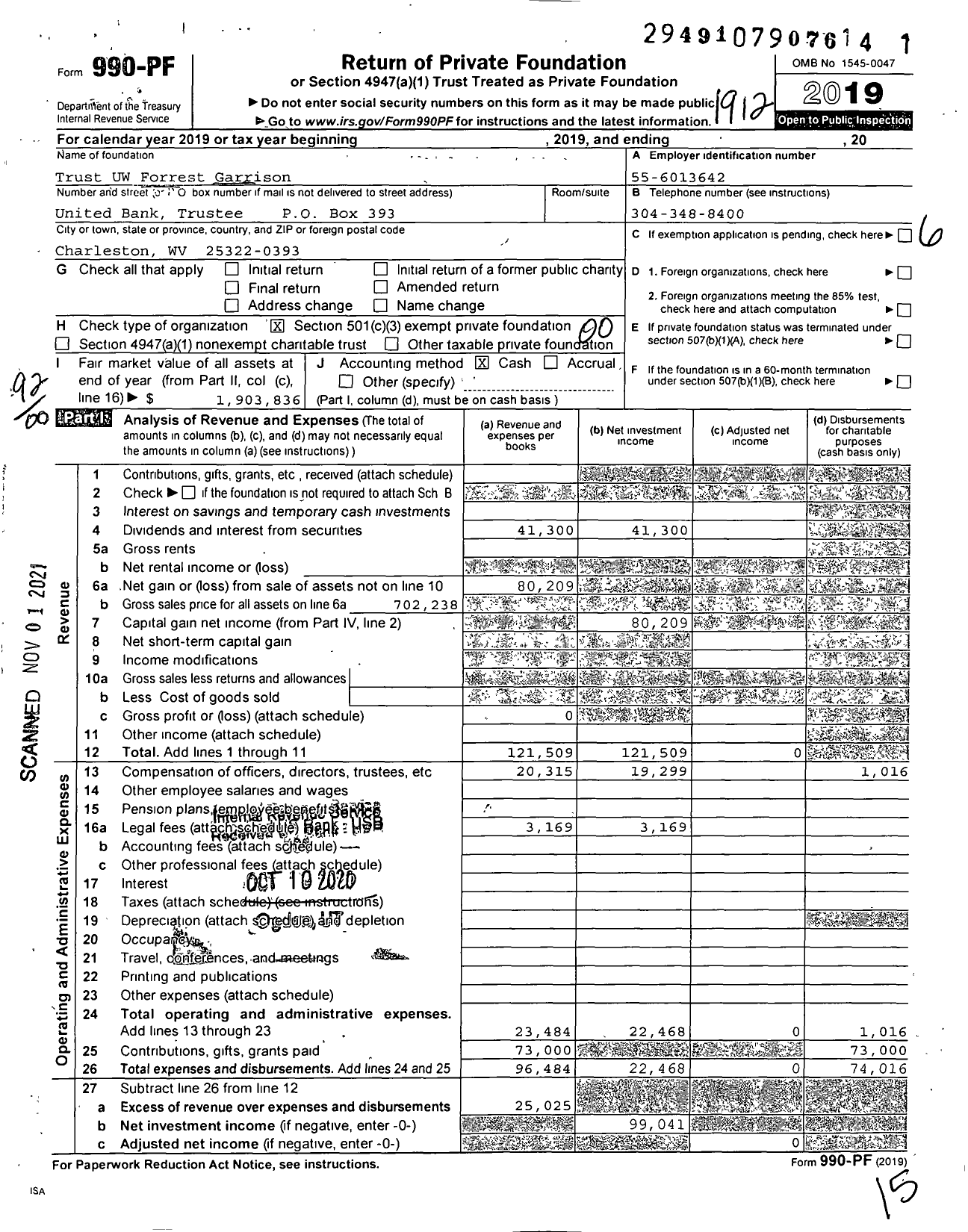 Image of first page of 2019 Form 990PF for Trust Uw Forrest Garrison