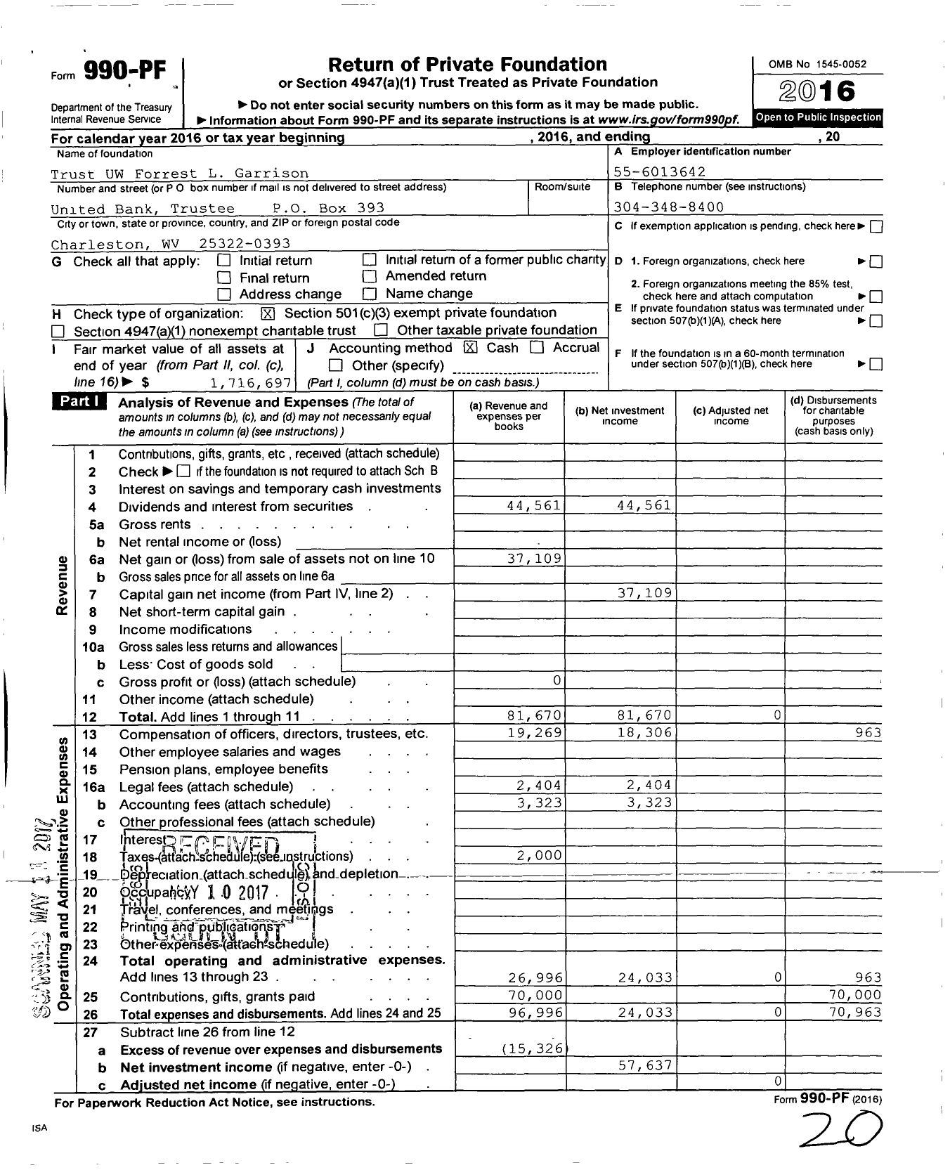 Image of first page of 2016 Form 990PF for Trust Uw Forrest Garrison