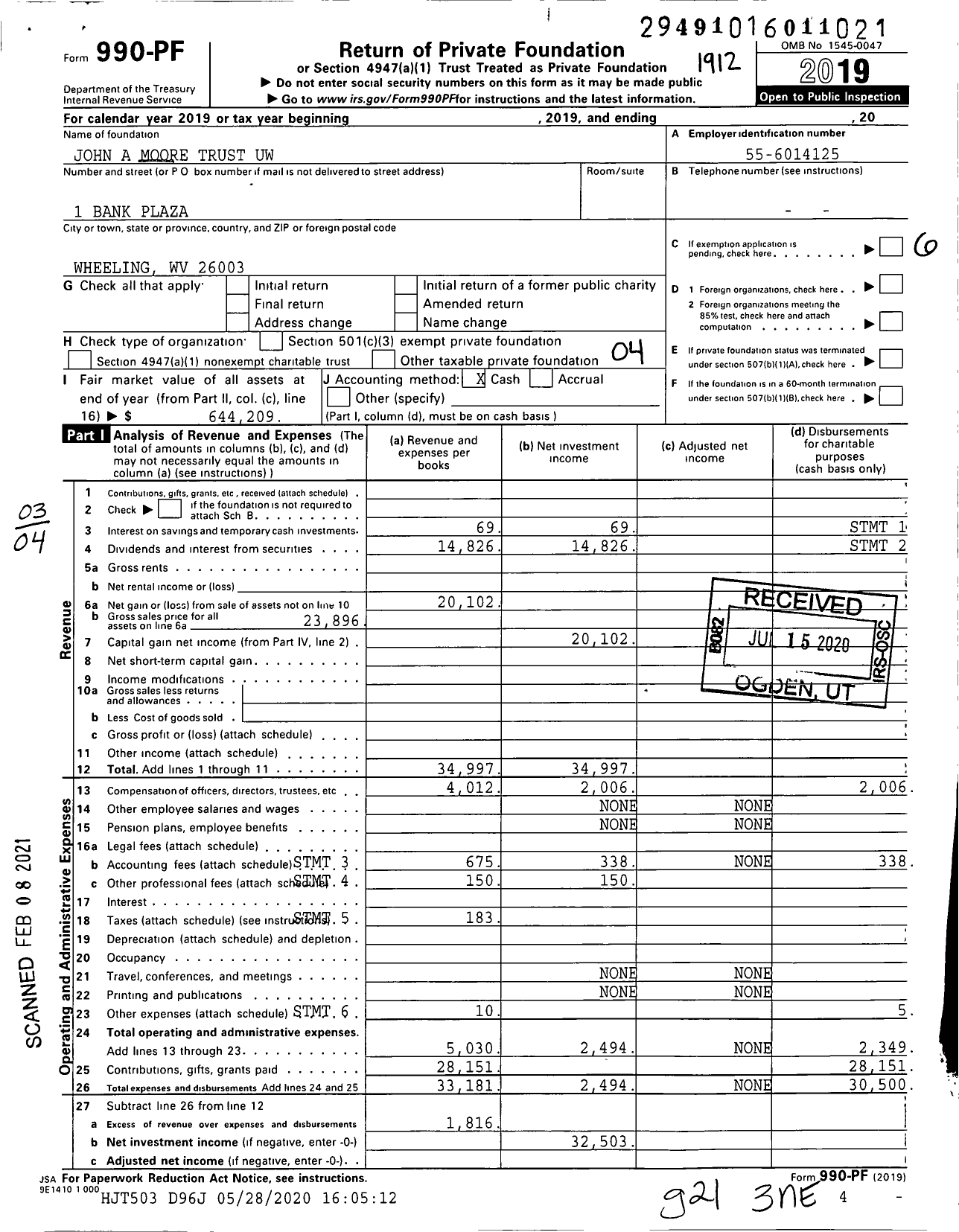 Image of first page of 2019 Form 990PF for John A Moore Trust Uw