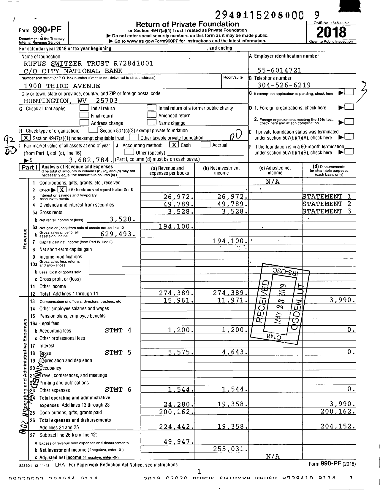 Image of first page of 2018 Form 990PF for Rufus Switzer Trust R72841001 City National Bank