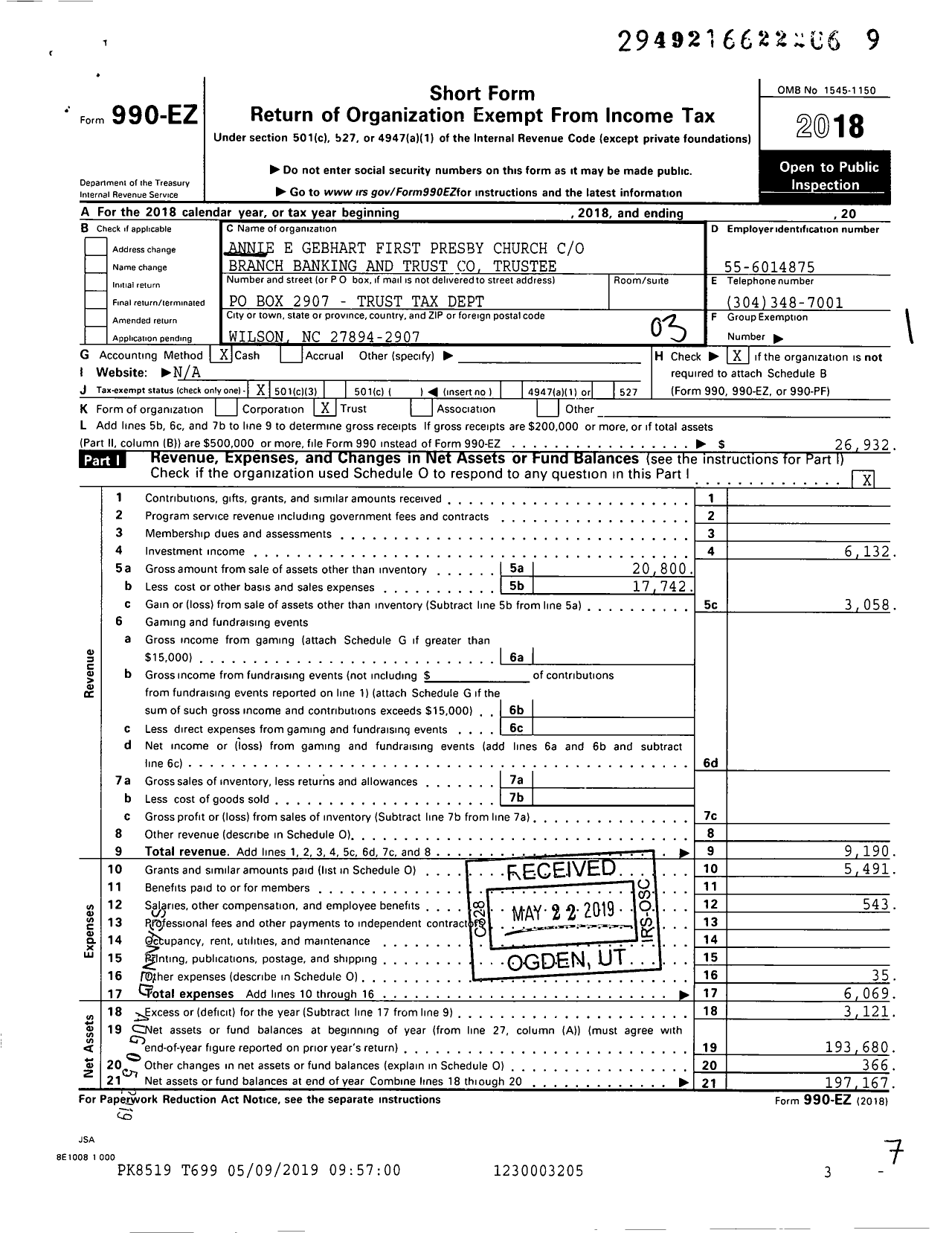 Image of first page of 2018 Form 990EZ for Annie E Gebhart First Presby Church