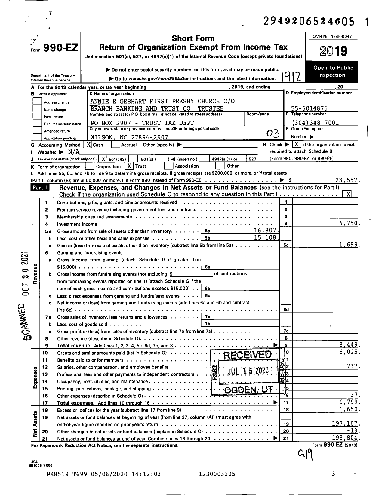 Image of first page of 2019 Form 990EZ for Annie E Gebhart First Presby Church