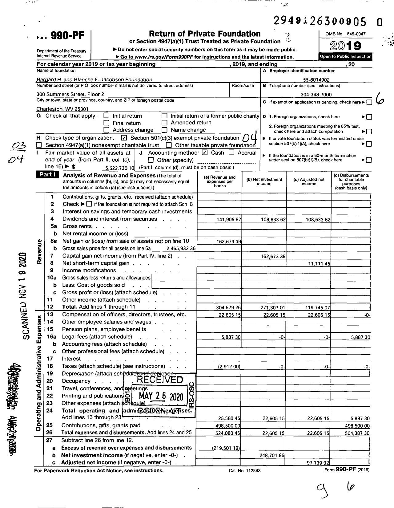 Image of first page of 2019 Form 990PF for Bernard H and Blanche E Jacobson Foundation