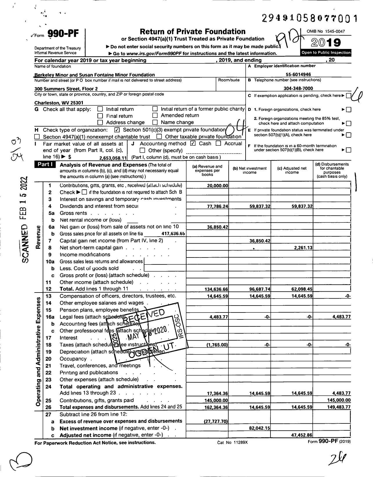 Image of first page of 2019 Form 990PF for Berkeley Minor and Susan Fountaine Minor Foundation