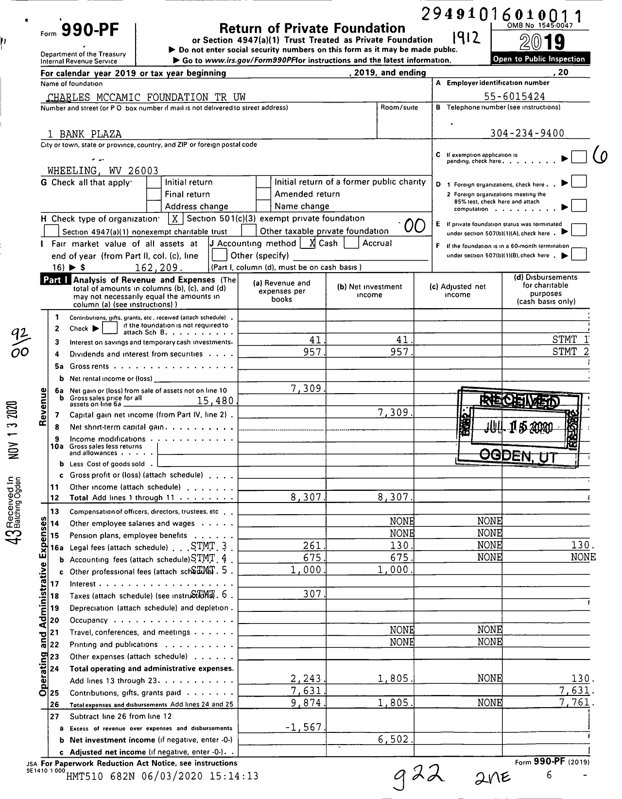 Image of first page of 2019 Form 990PF for Charles Mccamic Foundation TR Uw