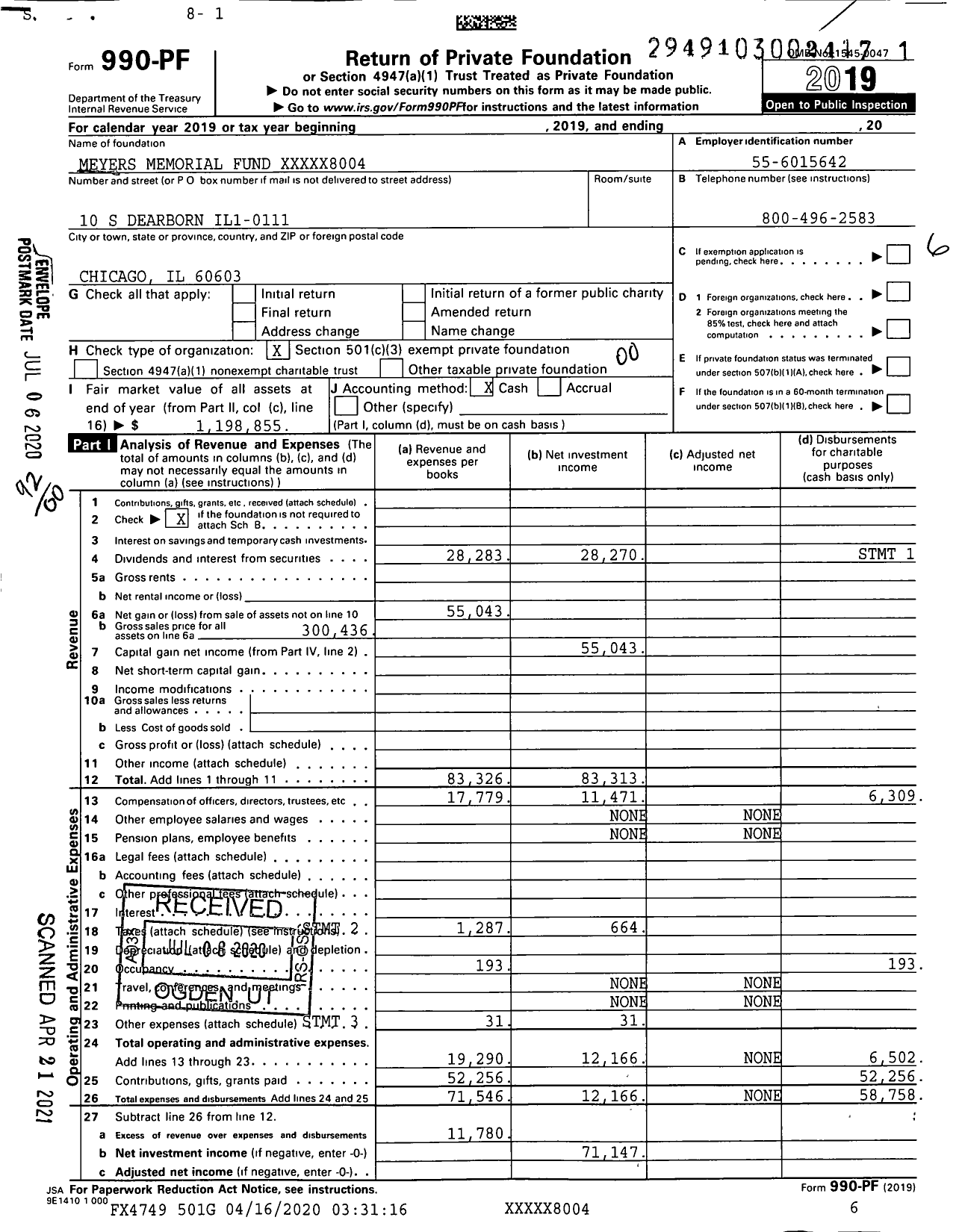 Image of first page of 2019 Form 990PF for Meyers Memorial Fund XXXXX8004