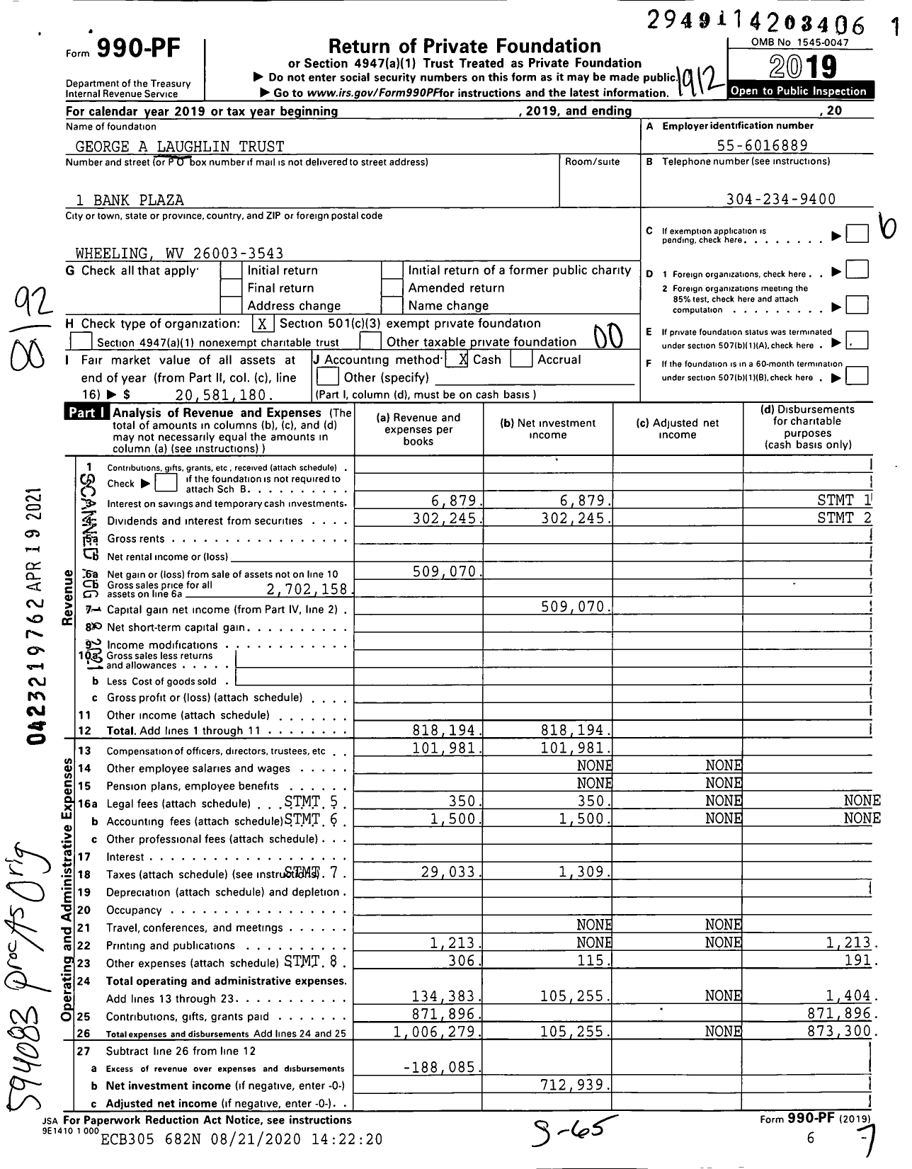 Image of first page of 2019 Form 990PF for George A Laughlin Trust