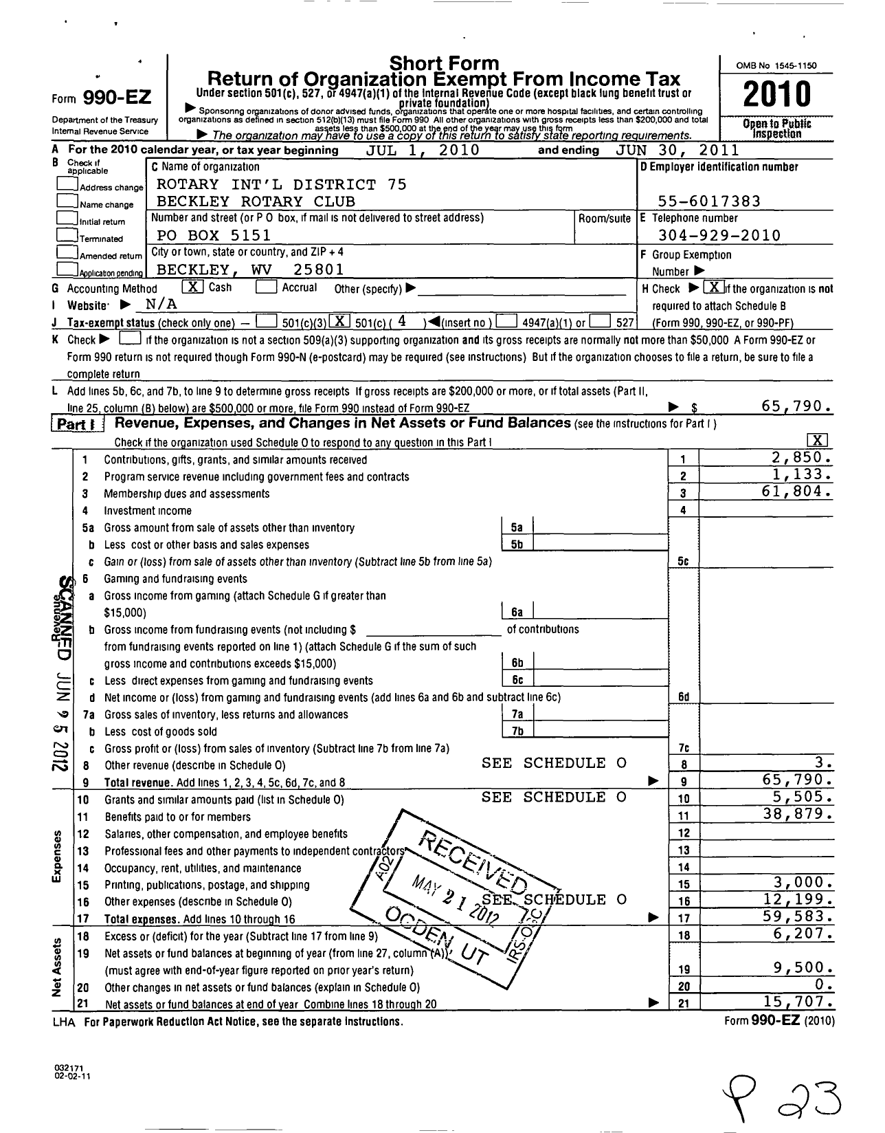 Image of first page of 2010 Form 990EO for Rotary International - Beckley Rotary Club