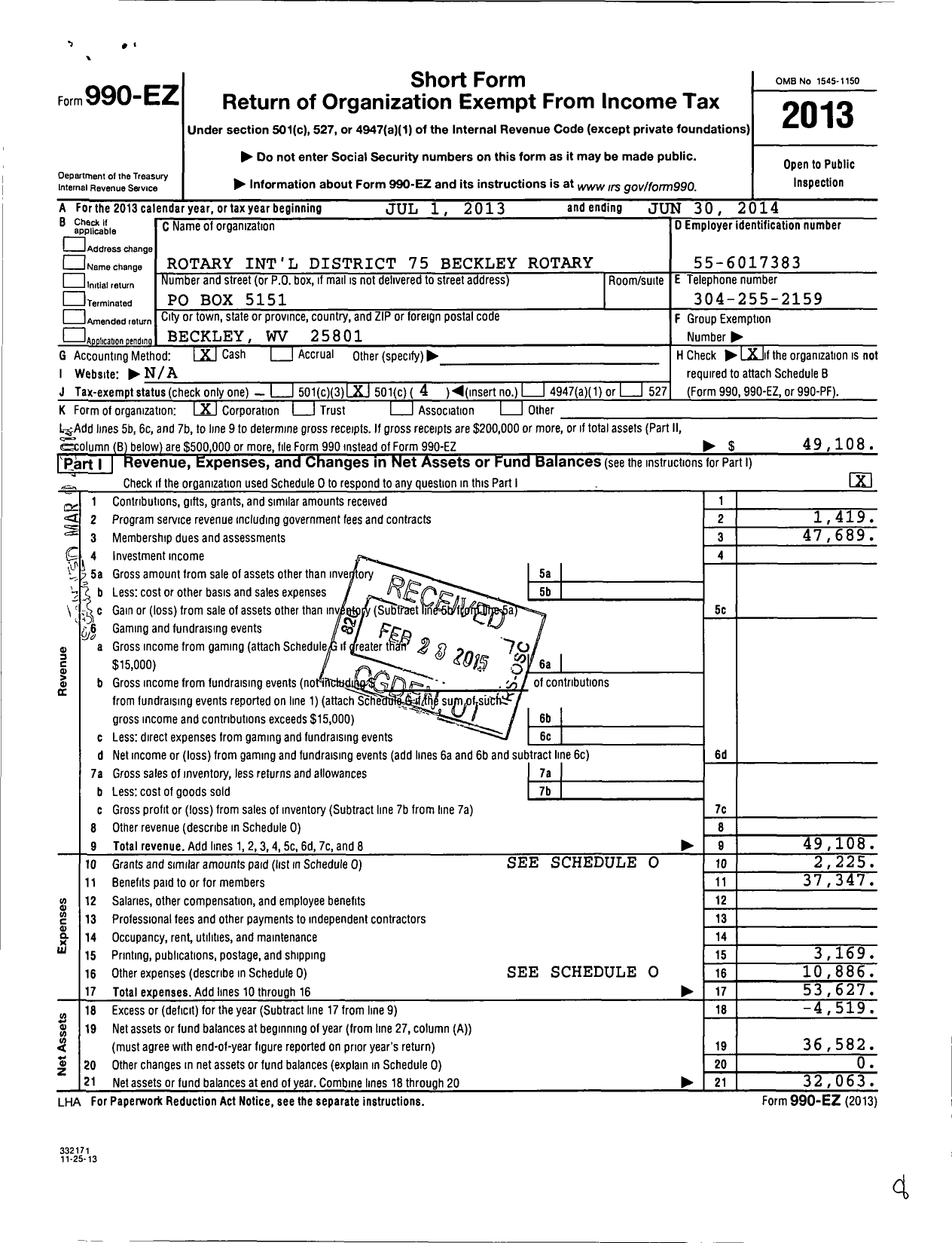 Image of first page of 2013 Form 990EO for Rotary International - Beckley Rotary Club