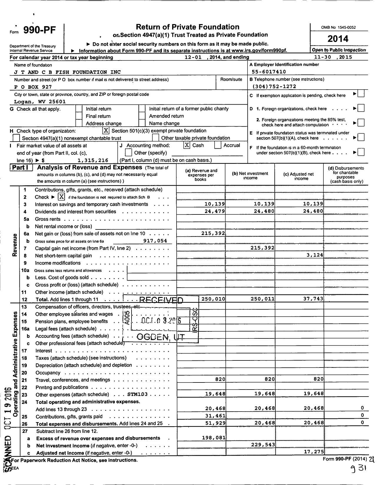 Image of first page of 2014 Form 990PF for J T and C B Fish Foundation