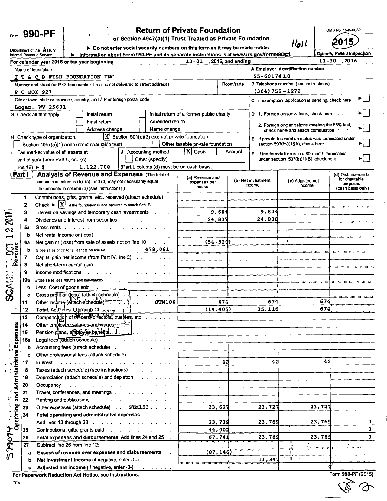 Image of first page of 2015 Form 990PF for J T and C B Fish Foundation