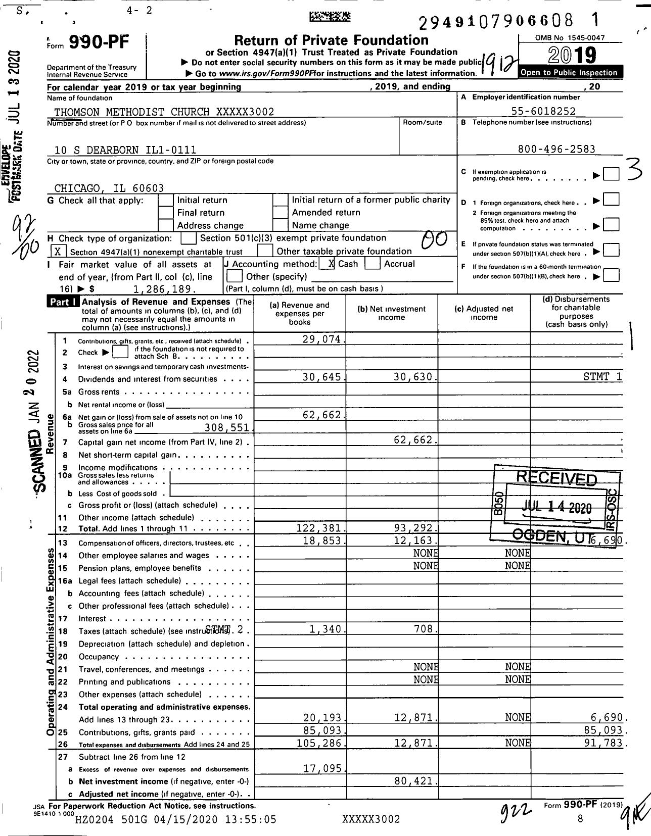 Image of first page of 2019 Form 990PF for Thomson Methodist Church XXXXX3002