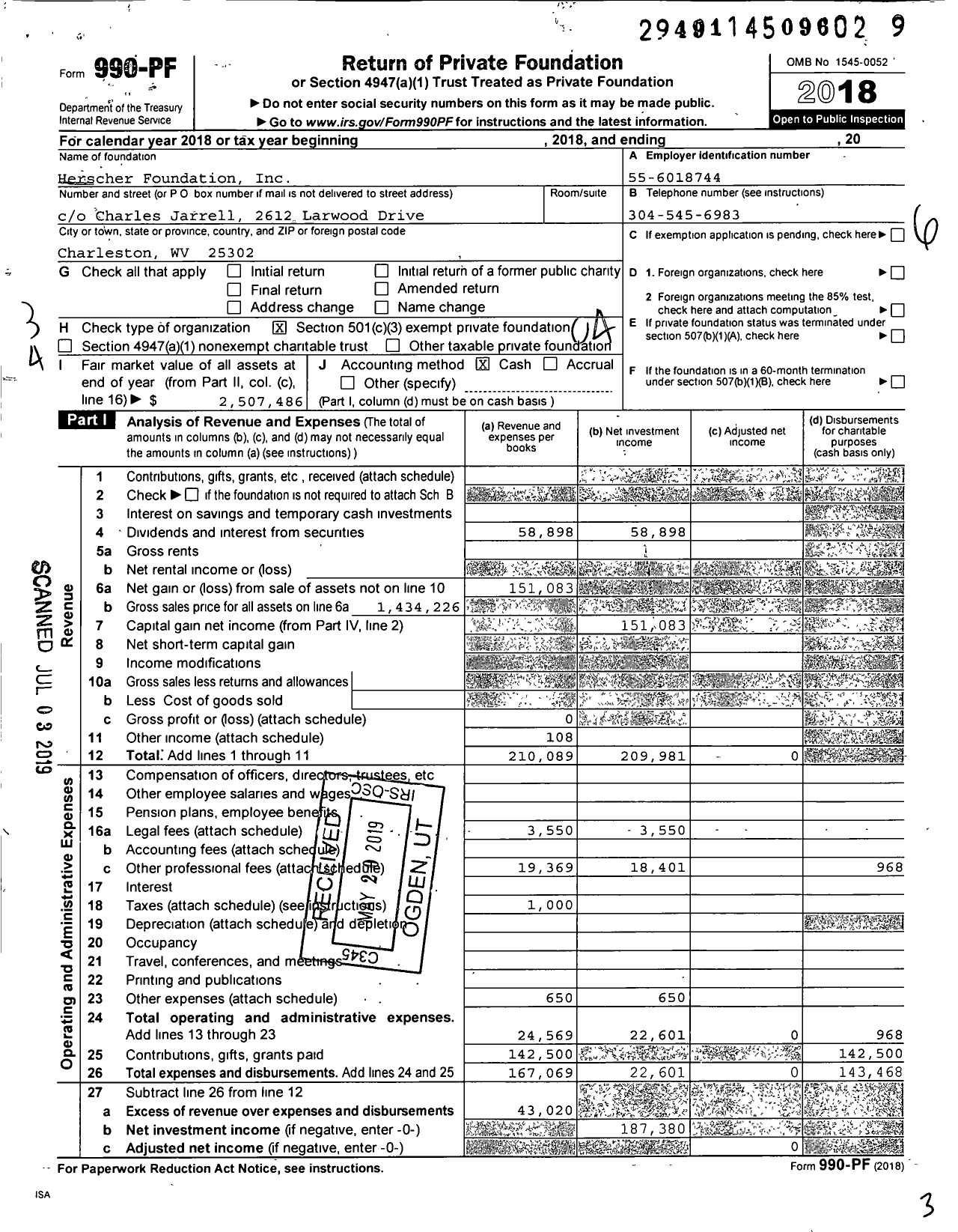 Image of first page of 2018 Form 990PF for Herscher Foundation