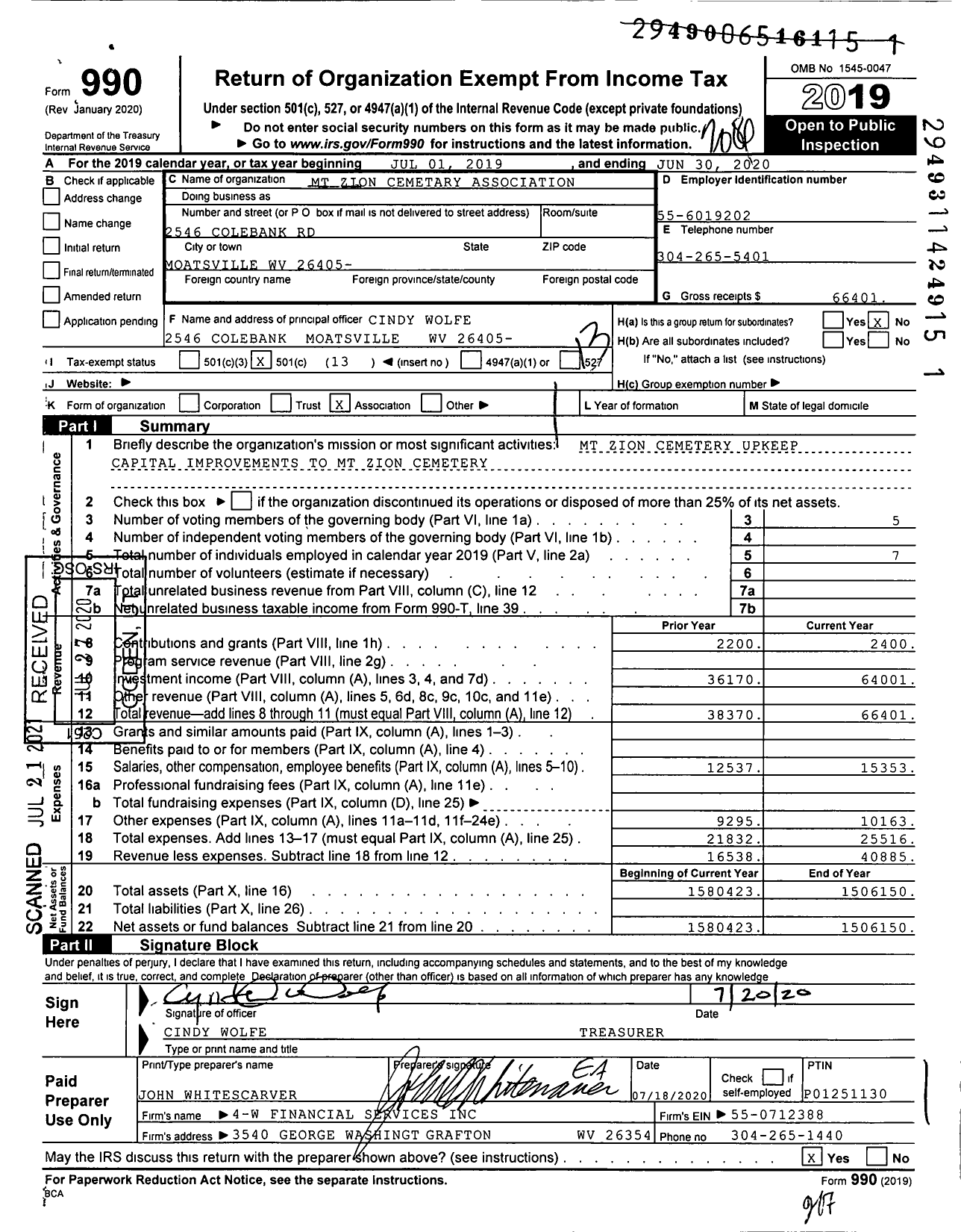 Image of first page of 2019 Form 990O for MT Zion Cemetery Association