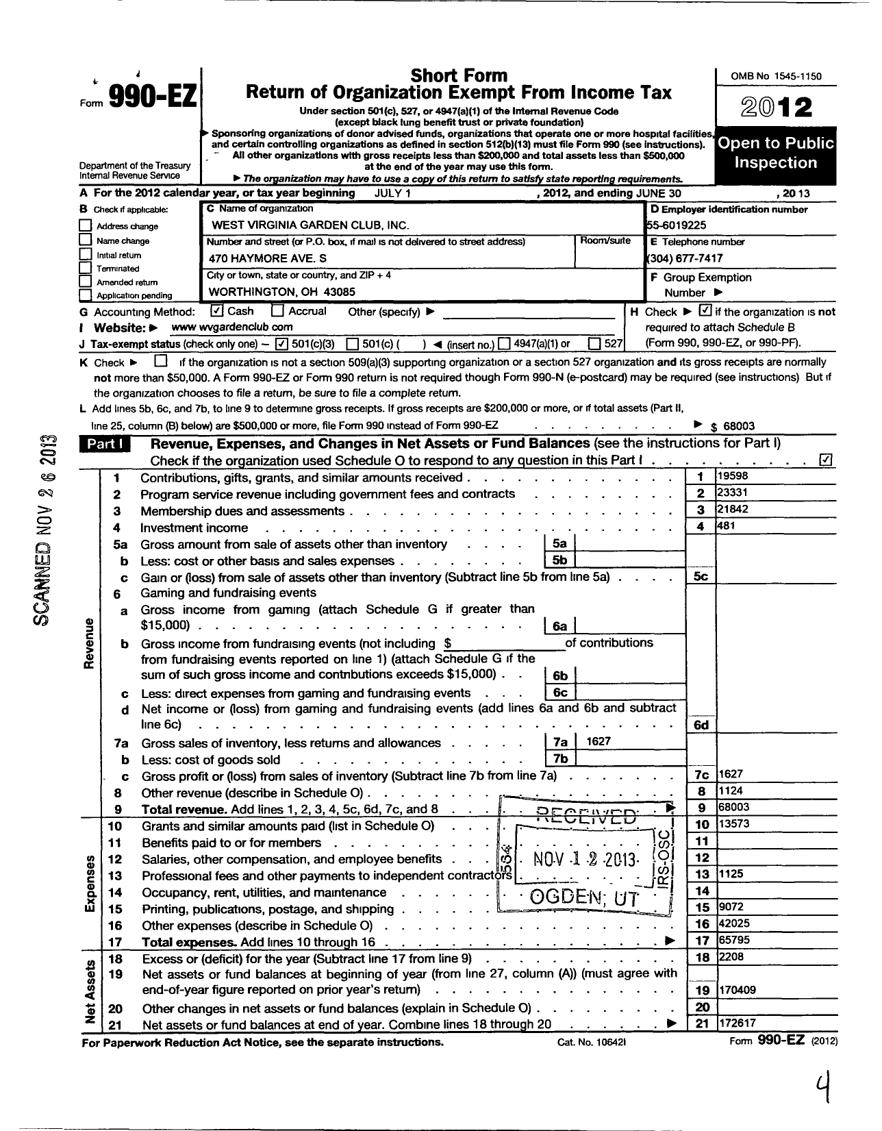 Image of first page of 2012 Form 990EZ for West Virginia Garden Club