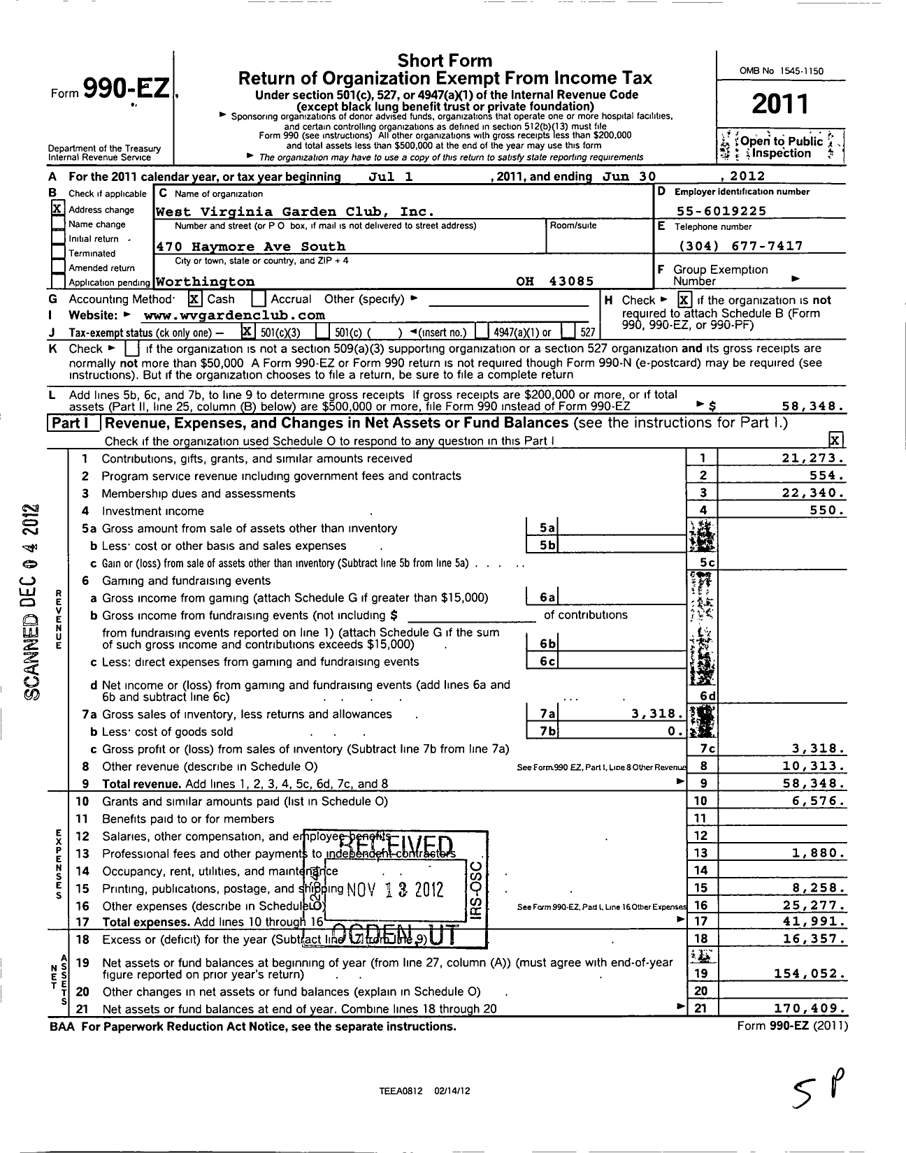 Image of first page of 2011 Form 990EZ for West Virginia Garden Club