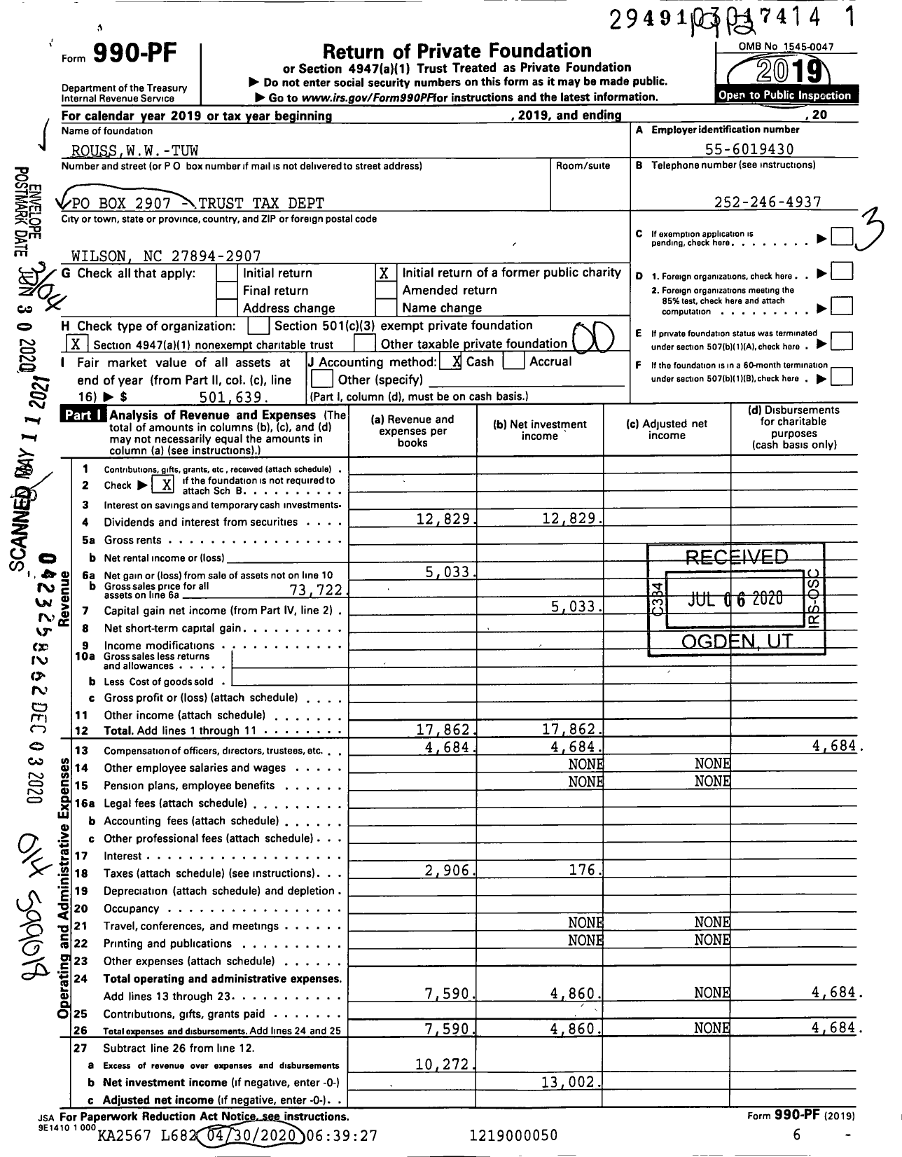 Image of first page of 2019 Form 990PF for Roussww-Tuw