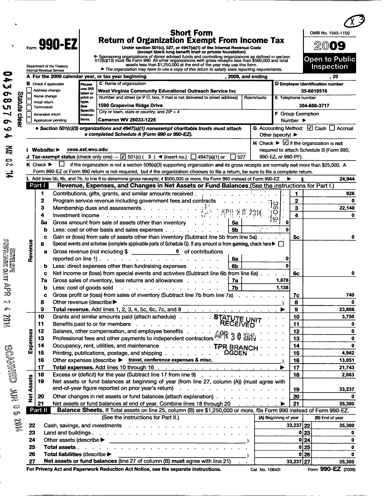 Image of first page of 2009 Form 990EZ for West Virginia Community Educational Outreach Service