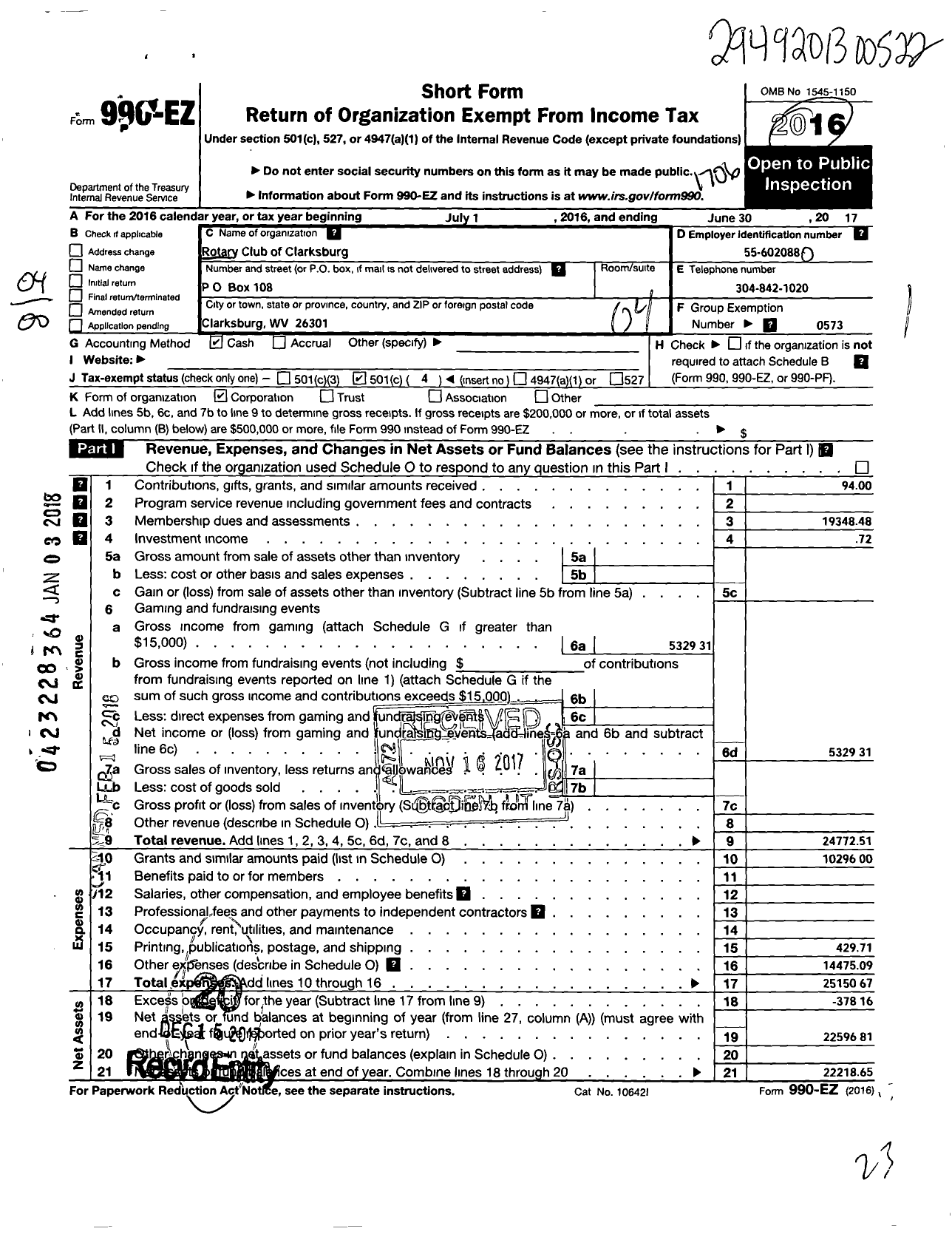 Image of first page of 2016 Form 990EO for Rotary International - Clarksburg Rotary Club