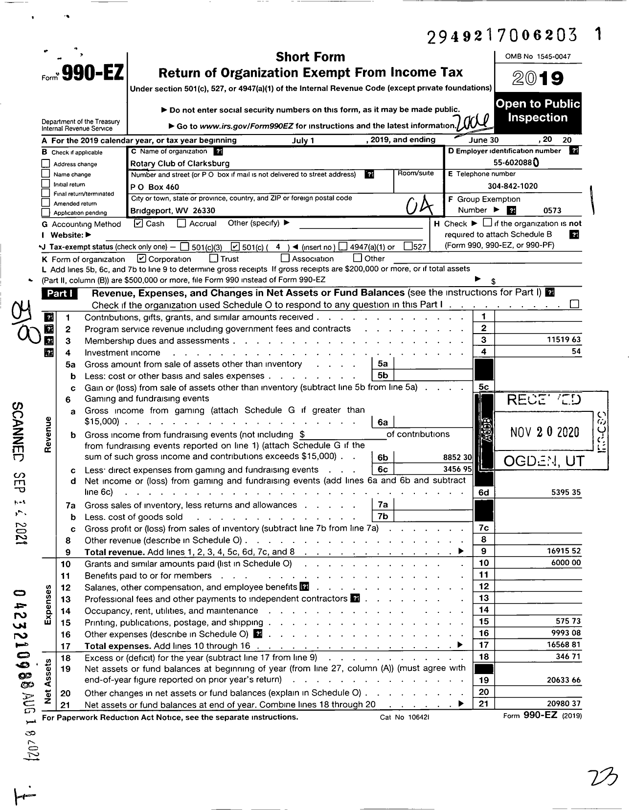 Image of first page of 2019 Form 990EO for Rotary International - Clarksburg Rotary Club