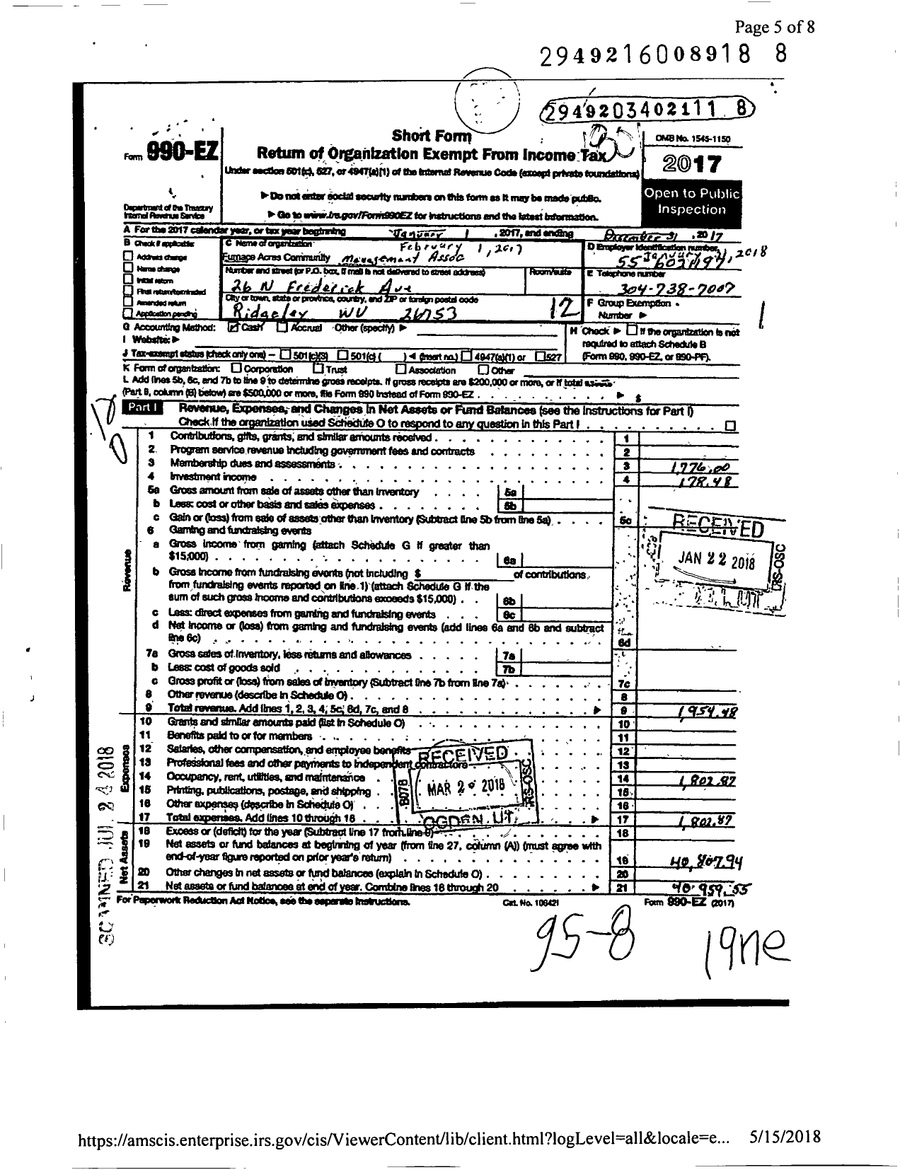 Image of first page of 2017 Form 990EO for Furnace Acres Community Management Association