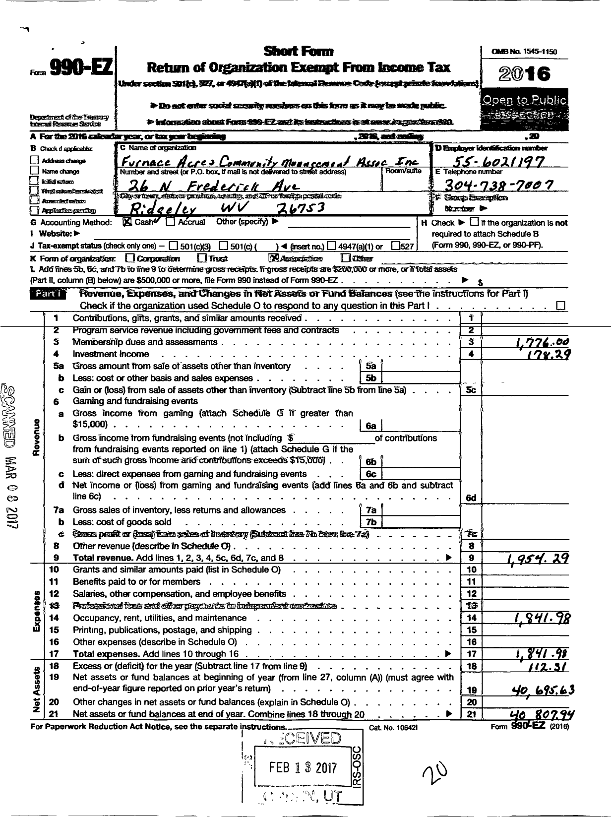 Image of first page of 2016 Form 990EO for Furnace Acres Community Management Association