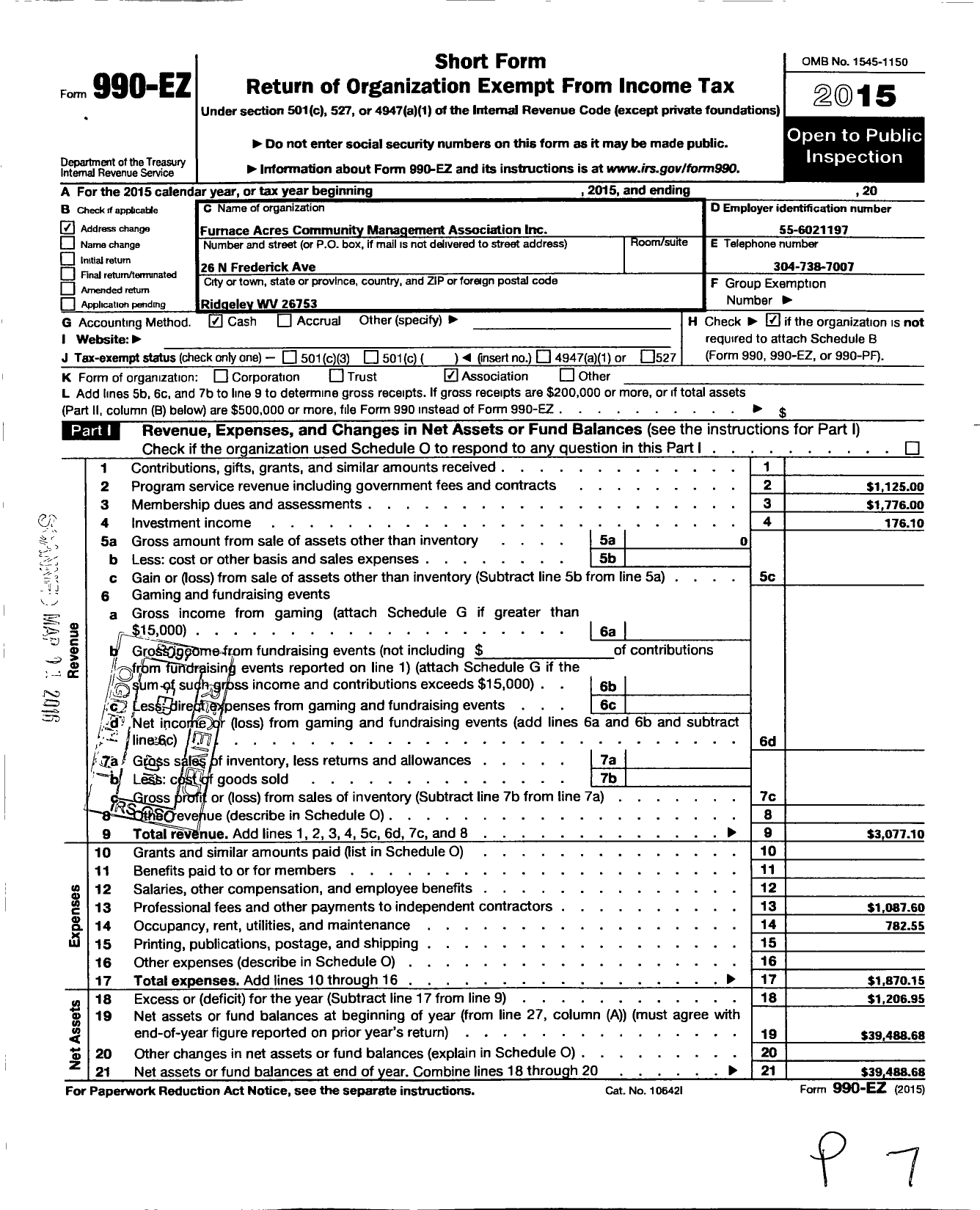 Image of first page of 2015 Form 990EO for Furnace Acres Community Management Association