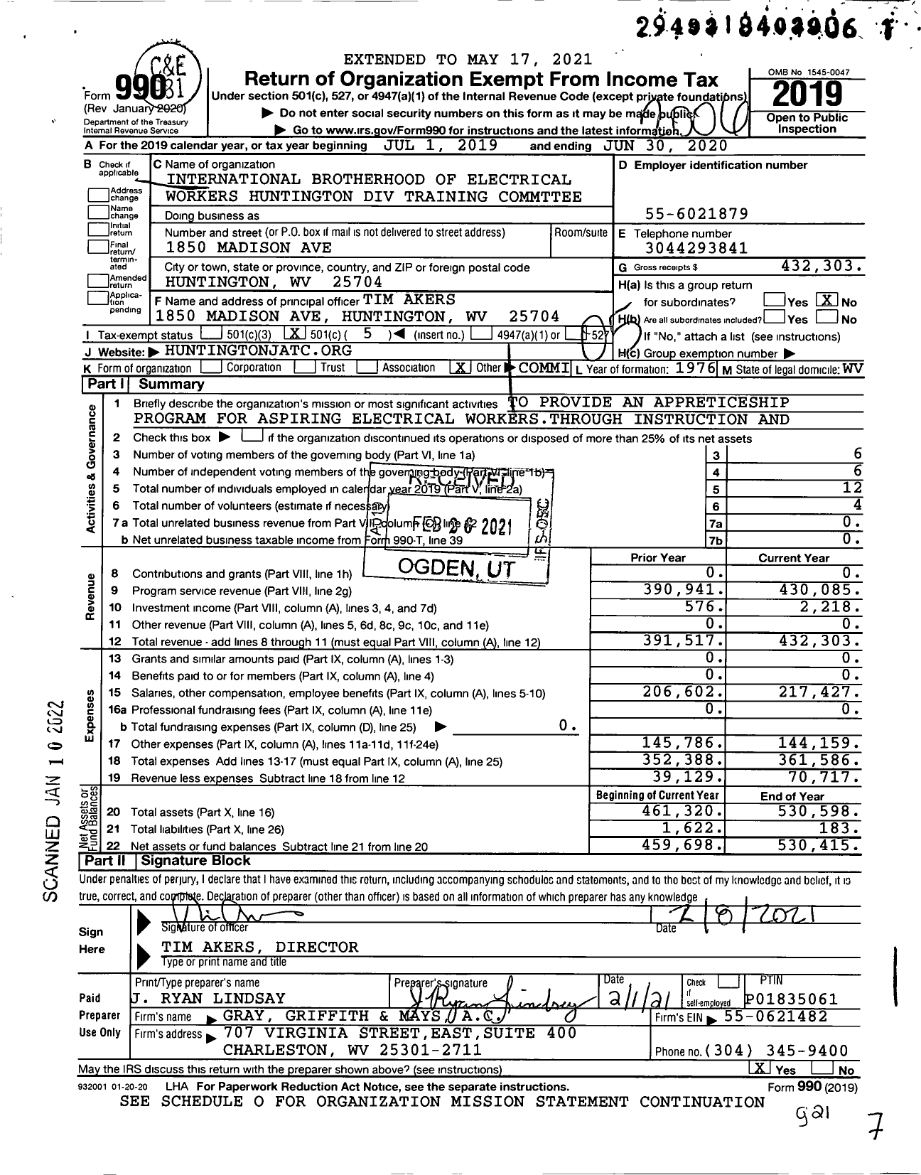 Image of first page of 2019 Form 990O for International Brotherhood of Electrical Workers - Huntington Division Training Commtt