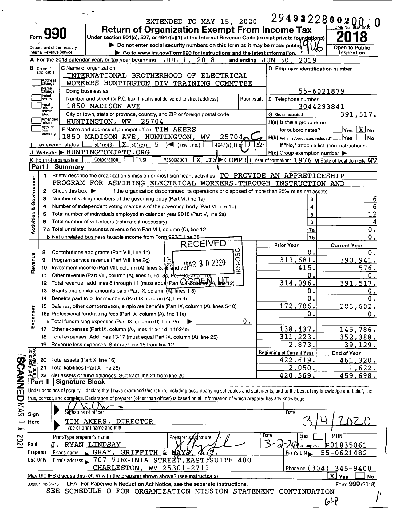 Image of first page of 2018 Form 990O for International Brotherhood of Electrical Workers - Huntington Division Training Commtt