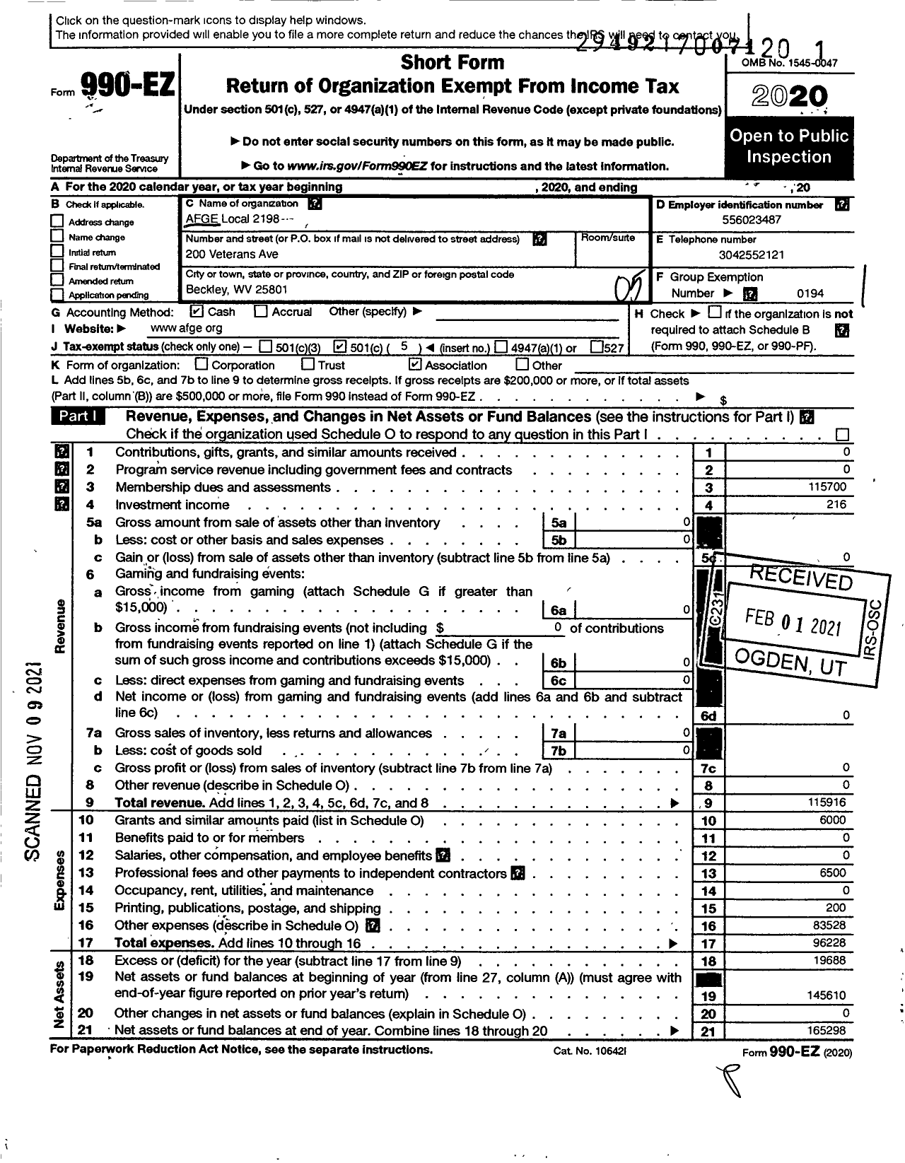 Image of first page of 2020 Form 990EO for American Federation of Government Employees - 2198 Afge Va Local