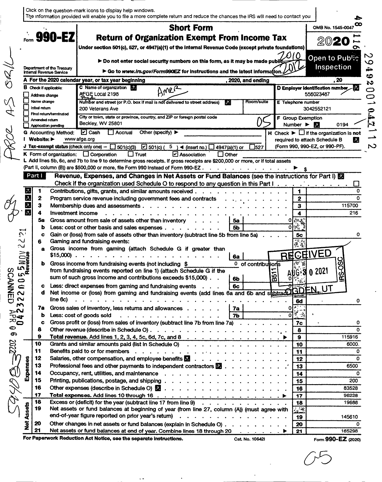 Image of first page of 2019 Form 990EO for American Federation of Government Employees - 2198 Afge Va Local