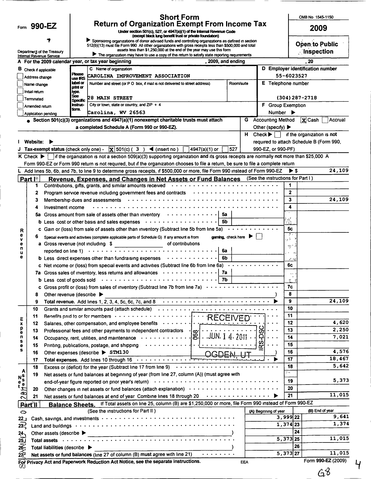 Image of first page of 2010 Form 990EZ for Carolina Improvement Association