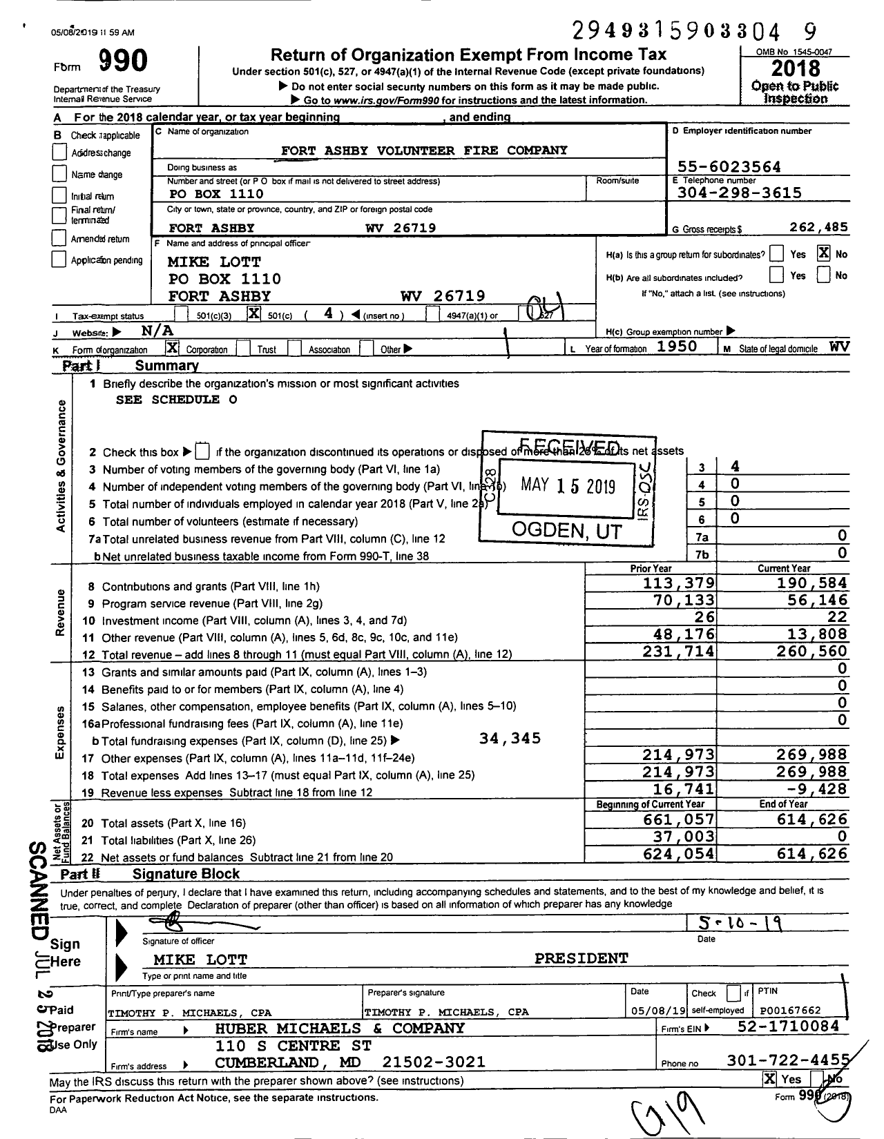 Image of first page of 2018 Form 990O for Fort Ashby Volunteer Fire Company