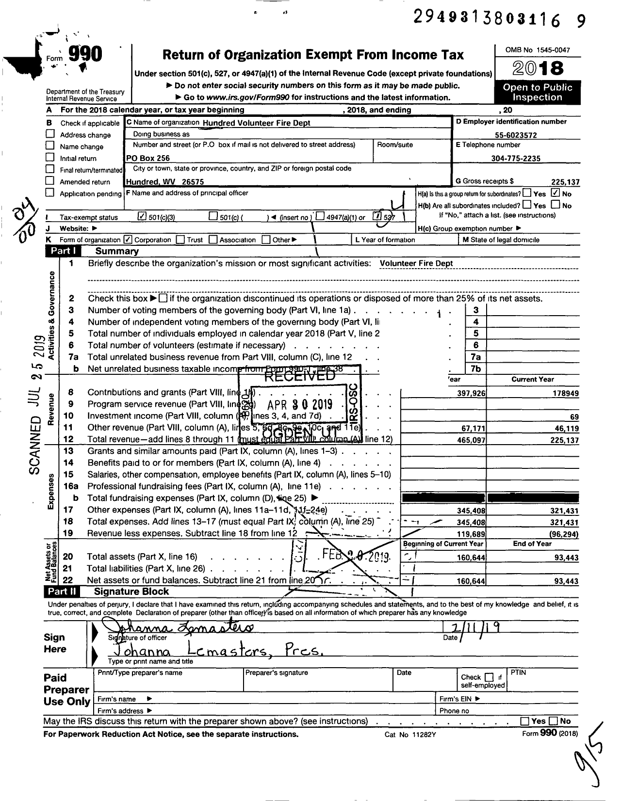 Image of first page of 2018 Form 990O for Hundred Volunteer Fire Dept