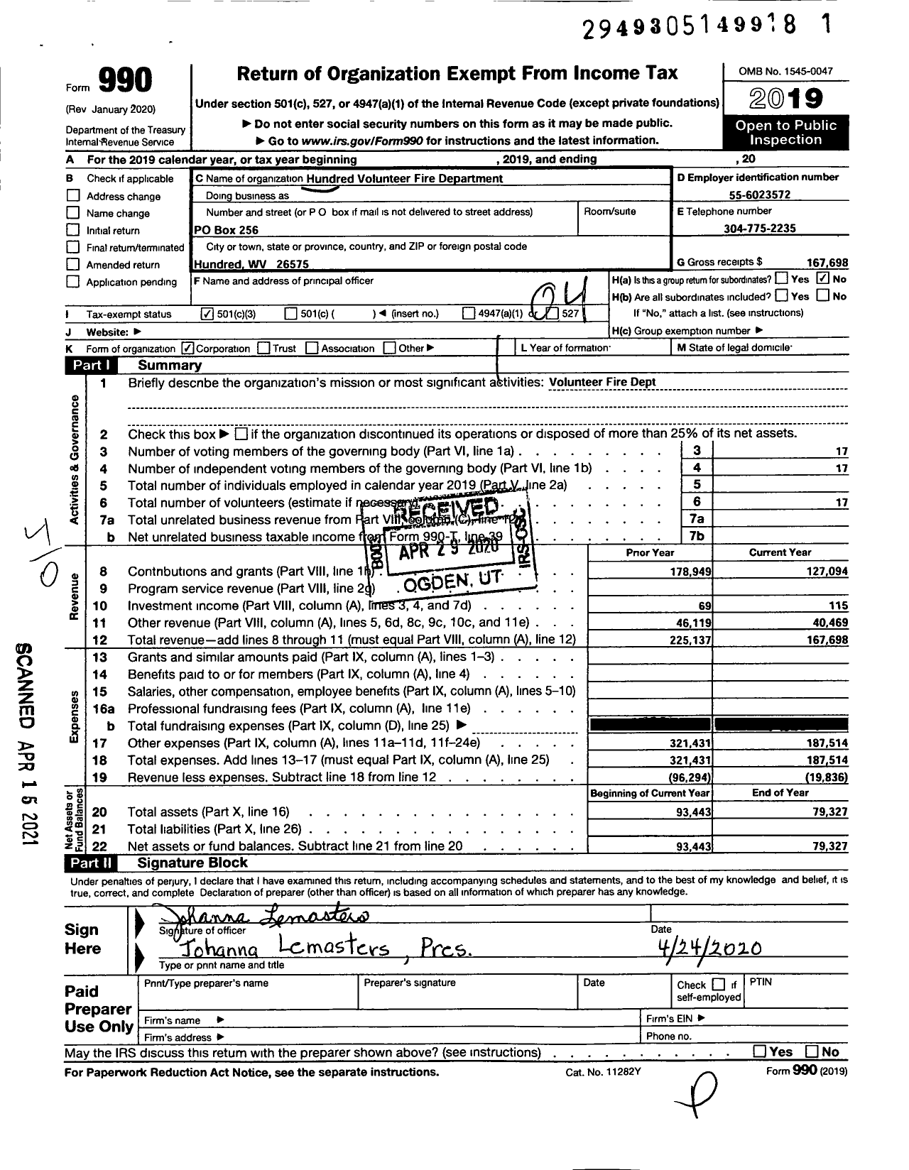 Image of first page of 2019 Form 990O for Hundred Volunteer Fire Dept