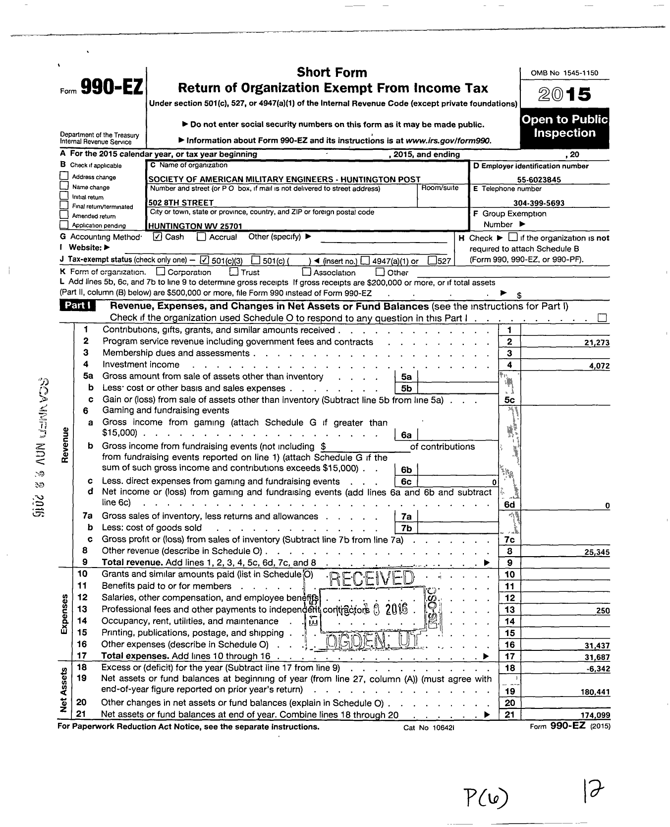 Image of first page of 2015 Form 990EZ for Society of American Military Engineers Huntington Post