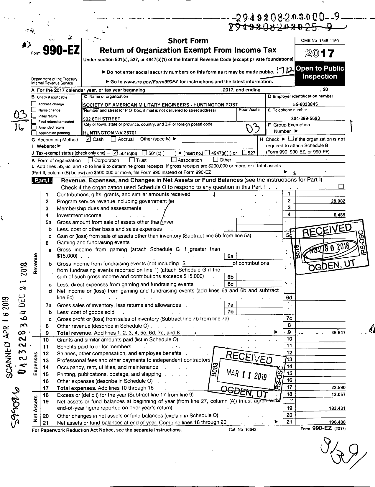 Image of first page of 2017 Form 990EZ for Society of American Military Engineers Huntington Post