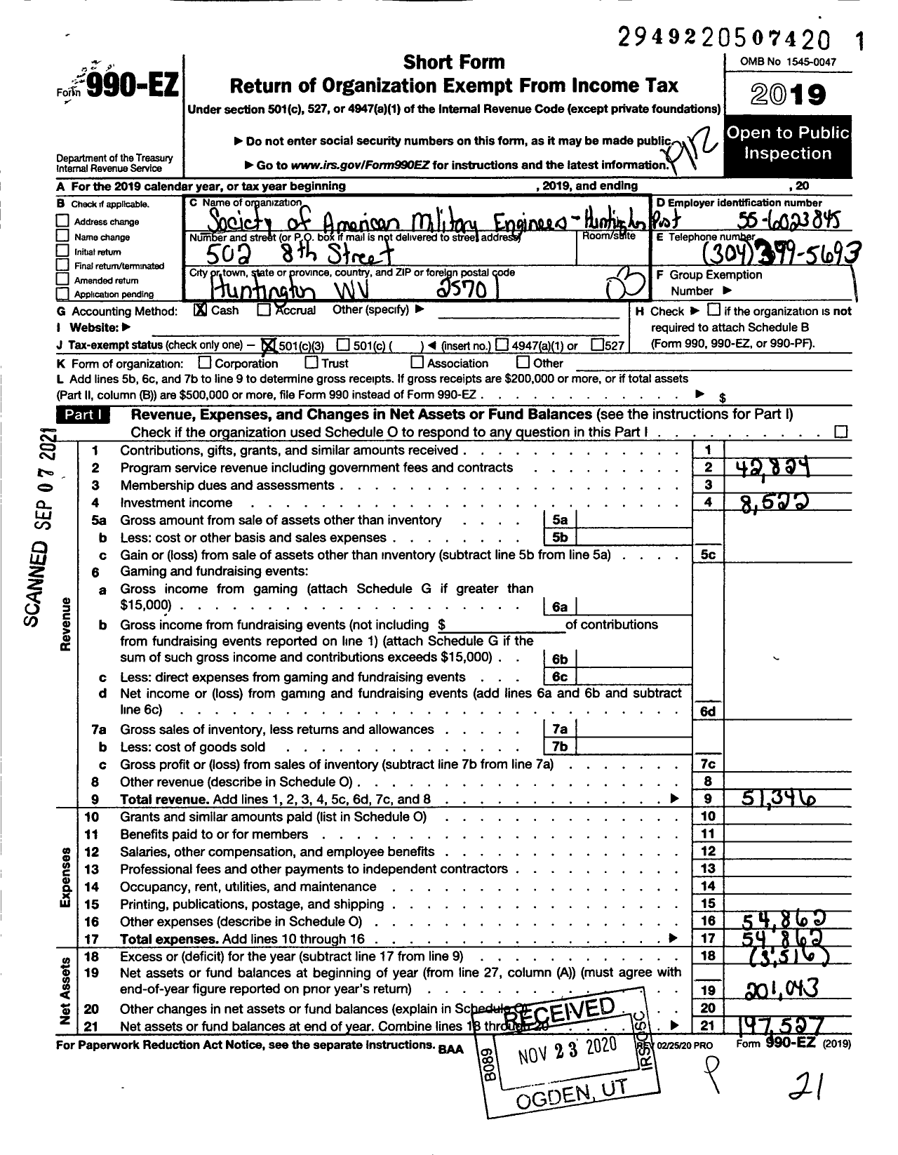 Image of first page of 2019 Form 990EZ for Society of American Military Engineers Huntington Post