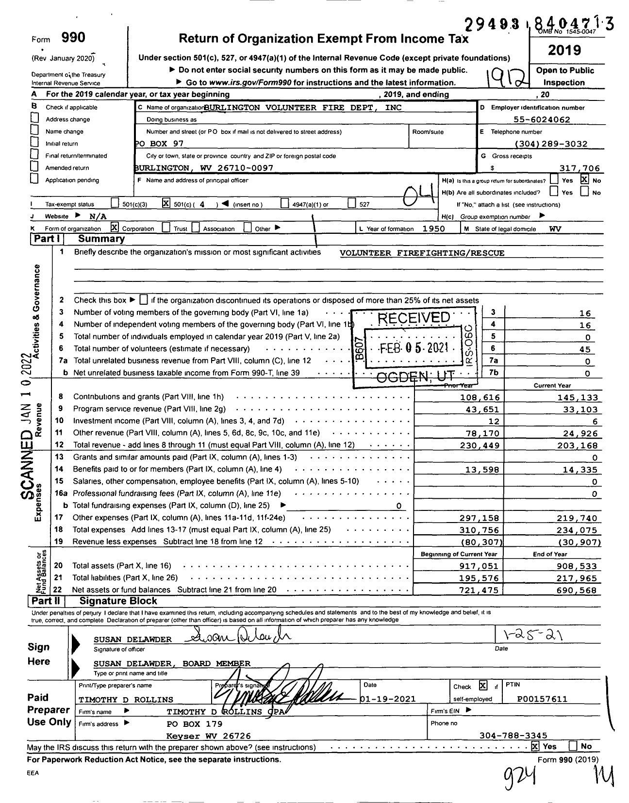 Image of first page of 2019 Form 990O for Burlington Volunteer Fire Dept