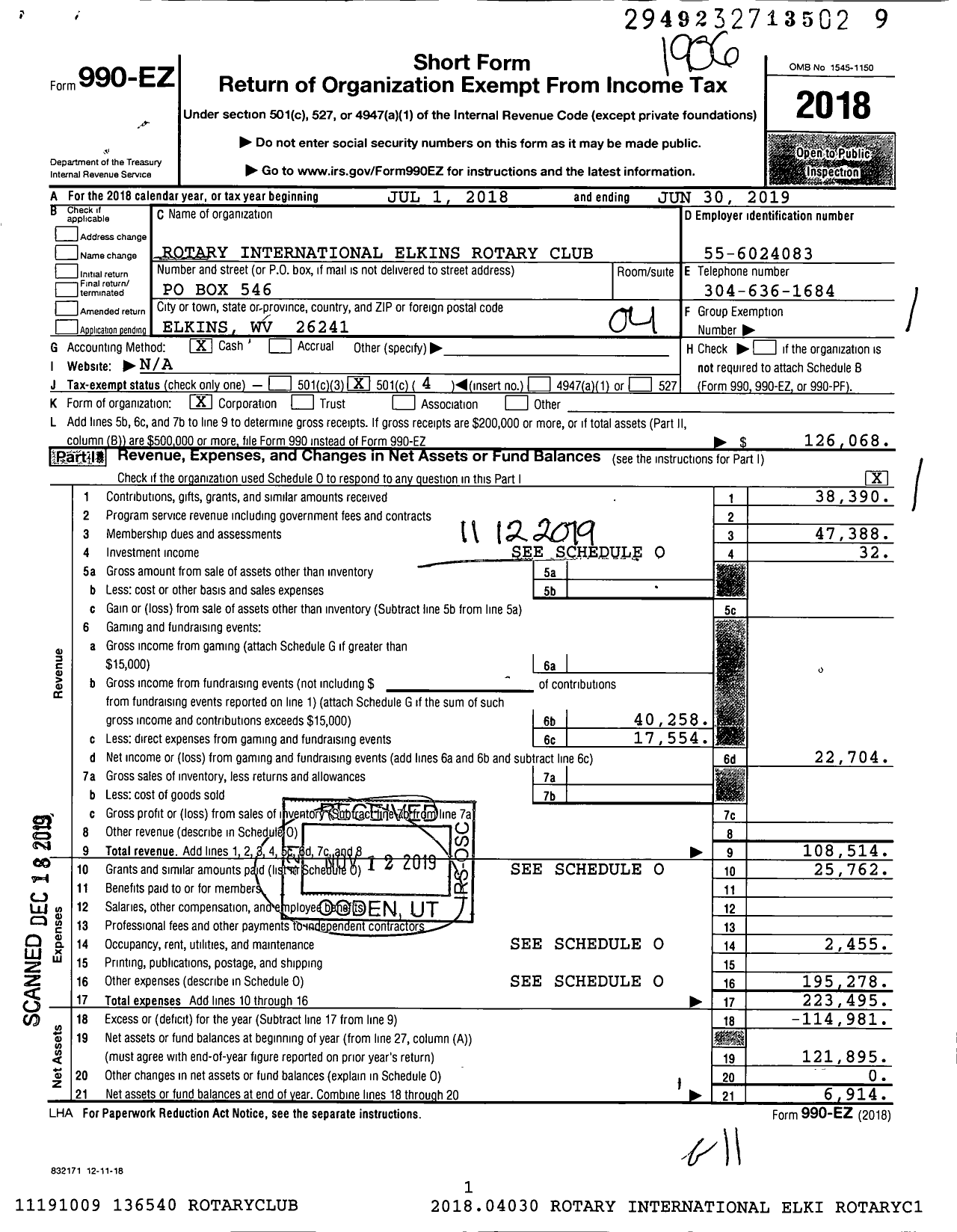 Image of first page of 2018 Form 990EO for Rotary International - Elkins Rotary Club