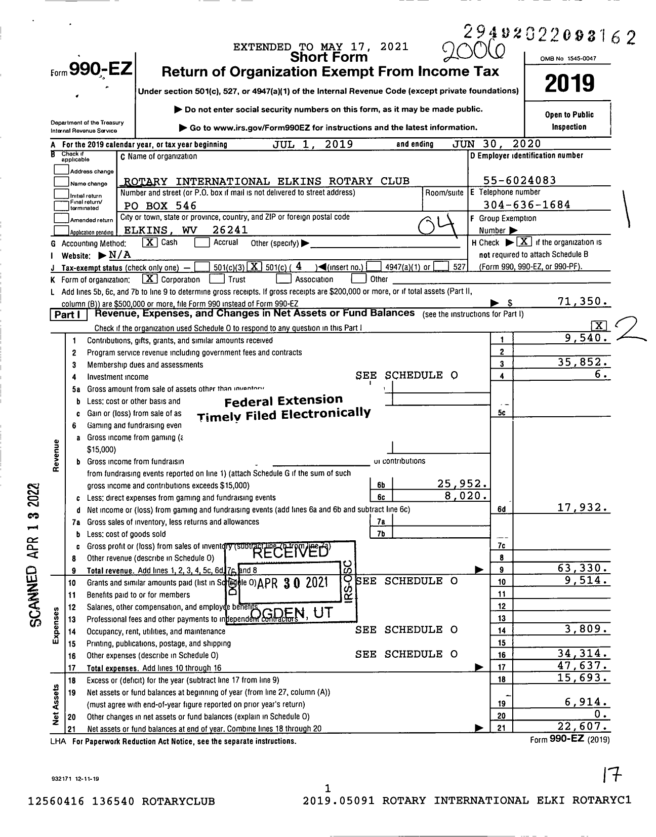 Image of first page of 2019 Form 990EO for Rotary International - Elkins Rotary Club