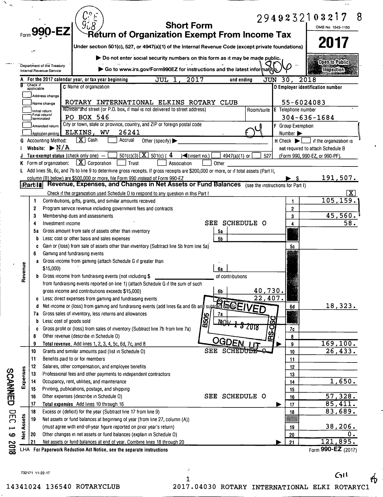 Image of first page of 2017 Form 990EO for Rotary International - Elkins Rotary Club