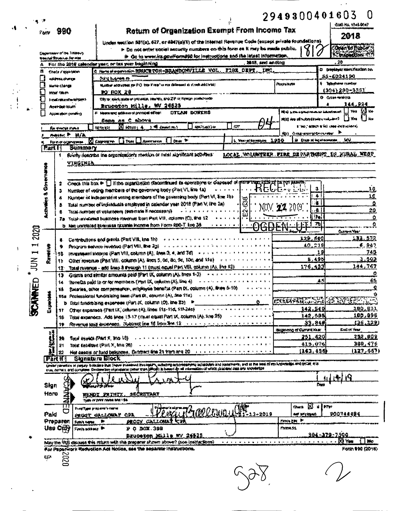 Image of first page of 2018 Form 990O for Bruceton-Brandonville Volunteer Fire Dept