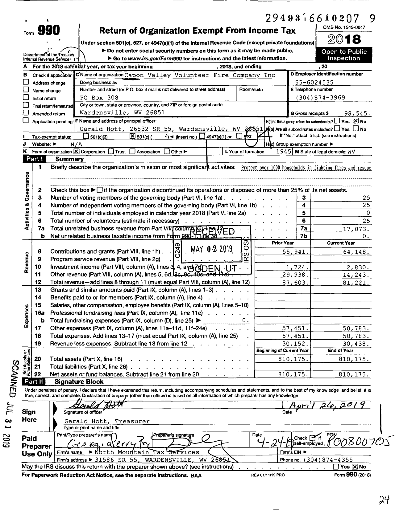 Image of first page of 2018 Form 990O for Capon Valley Volunteer Fire Company