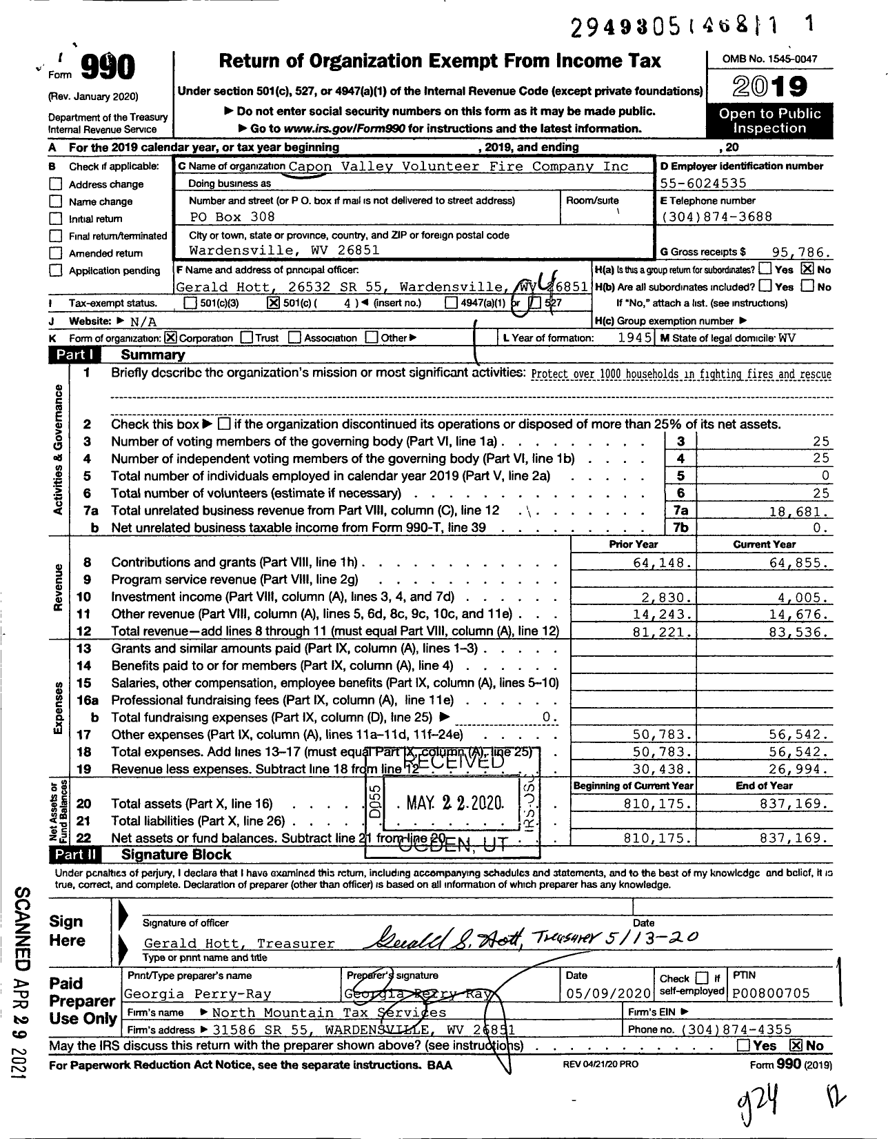 Image of first page of 2019 Form 990O for Capon Valley Volunteer Fire Company