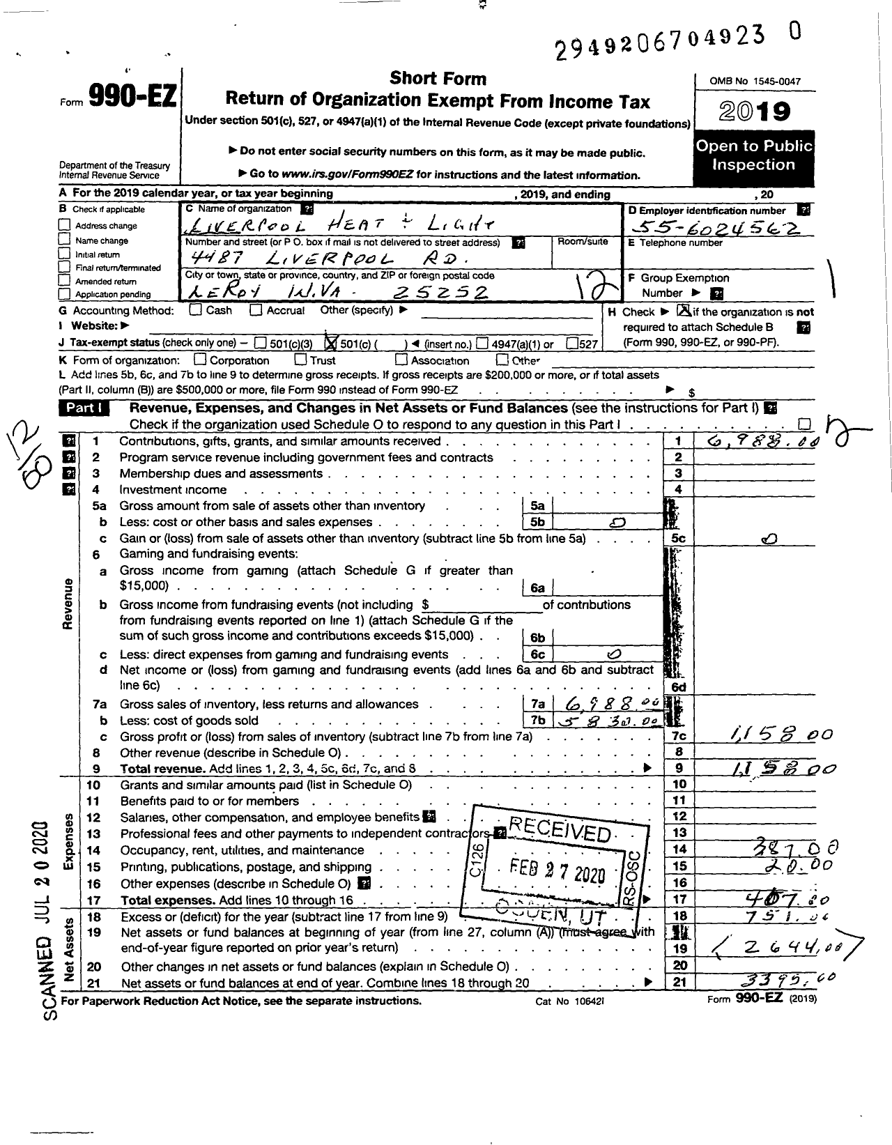 Image of first page of 2019 Form 990EO for Liverpool Heat & Light