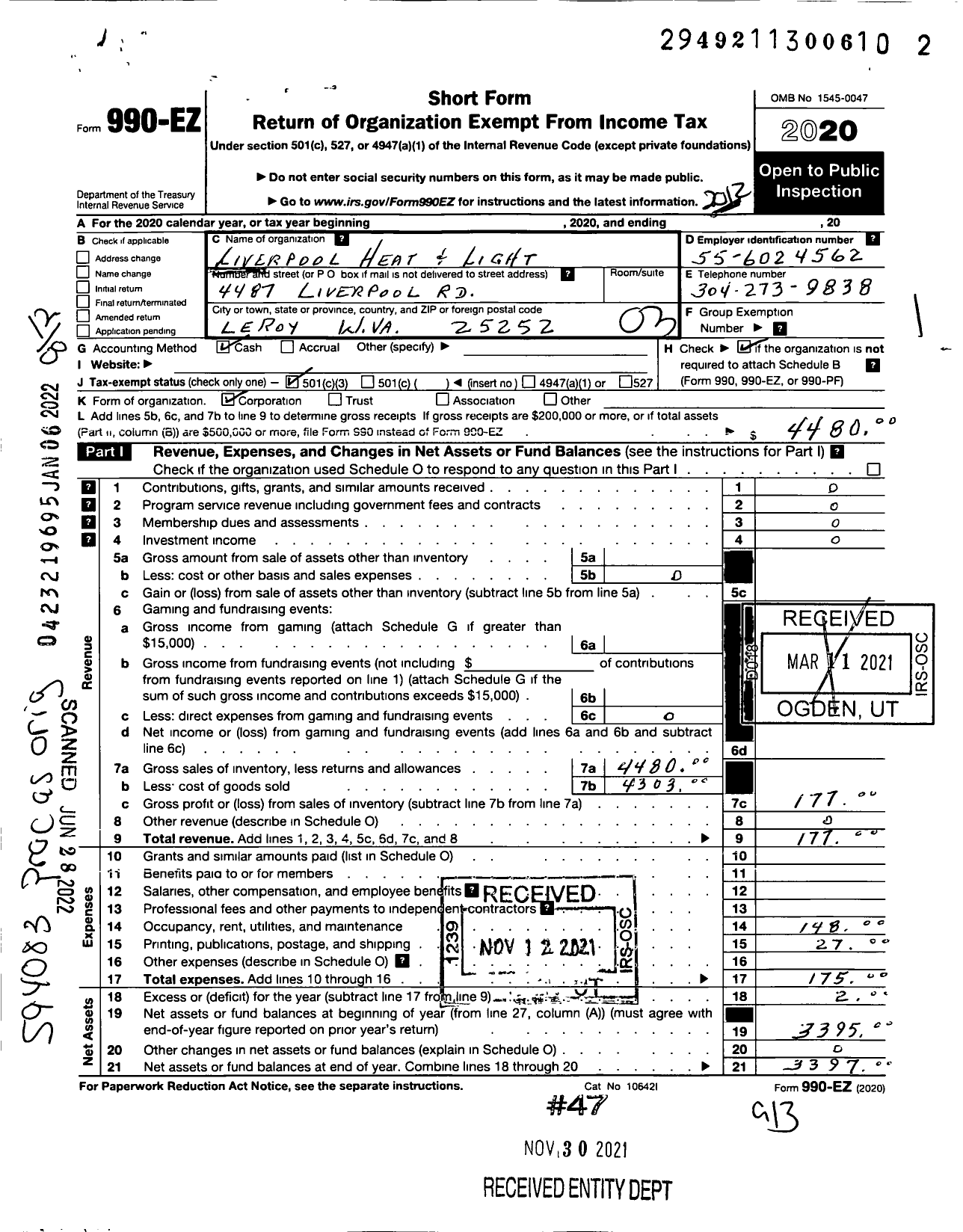 Image of first page of 2020 Form 990EO for Liverpool Heat & Light