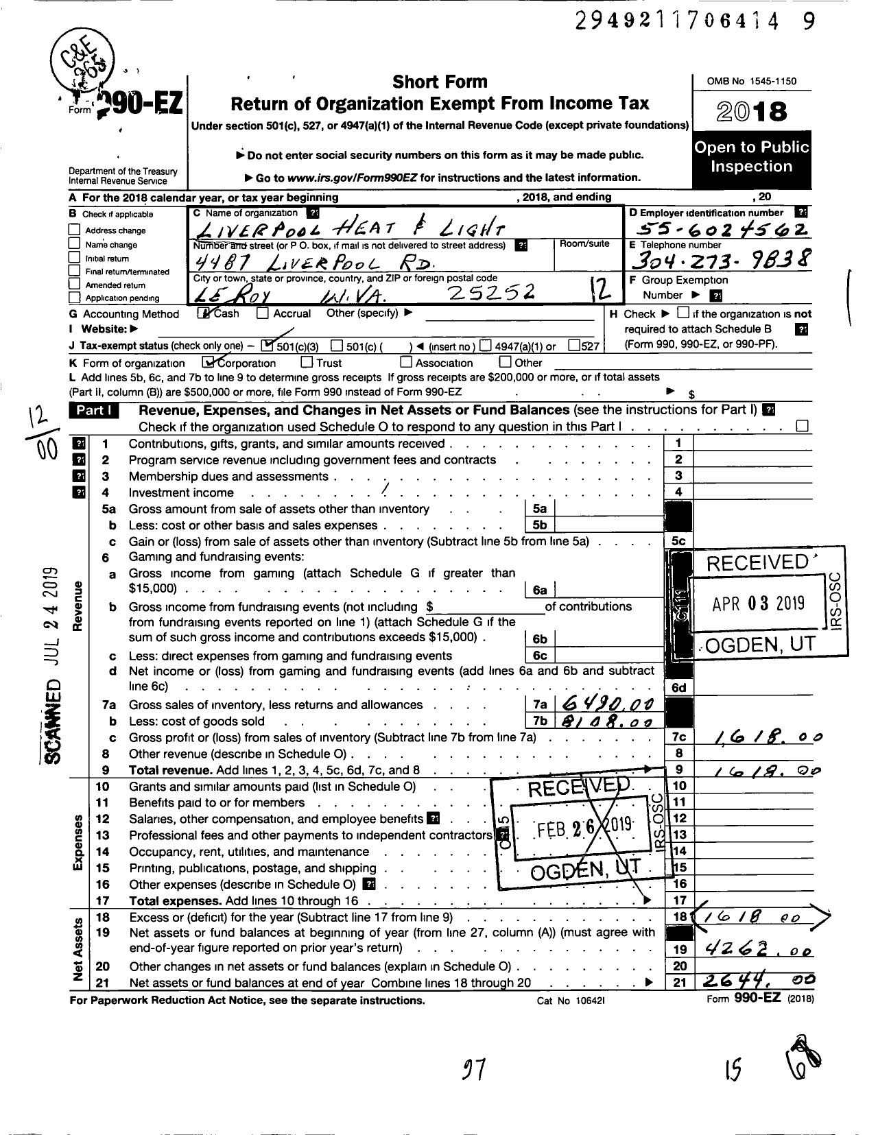 Image of first page of 2018 Form 990EO for Liverpool Heat & Light